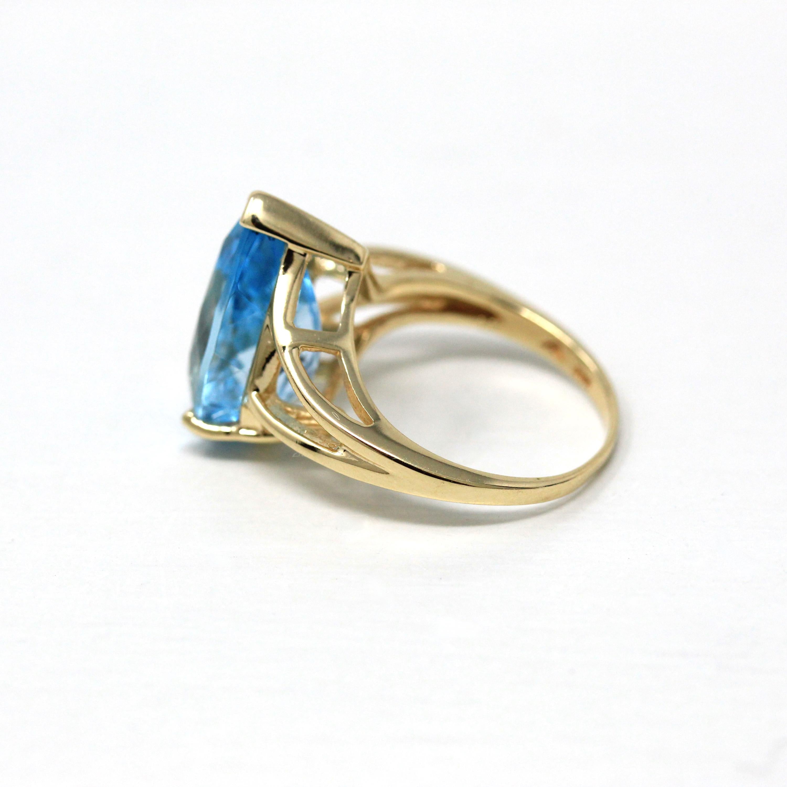 Blue Topaz Ring - Estate 10k Yellow Gold Genuine Blue Statement - Vintage Size 5 1/4 Large Pear Cut 6.99 Ct Gem Modern 1990s Fine Jewelry