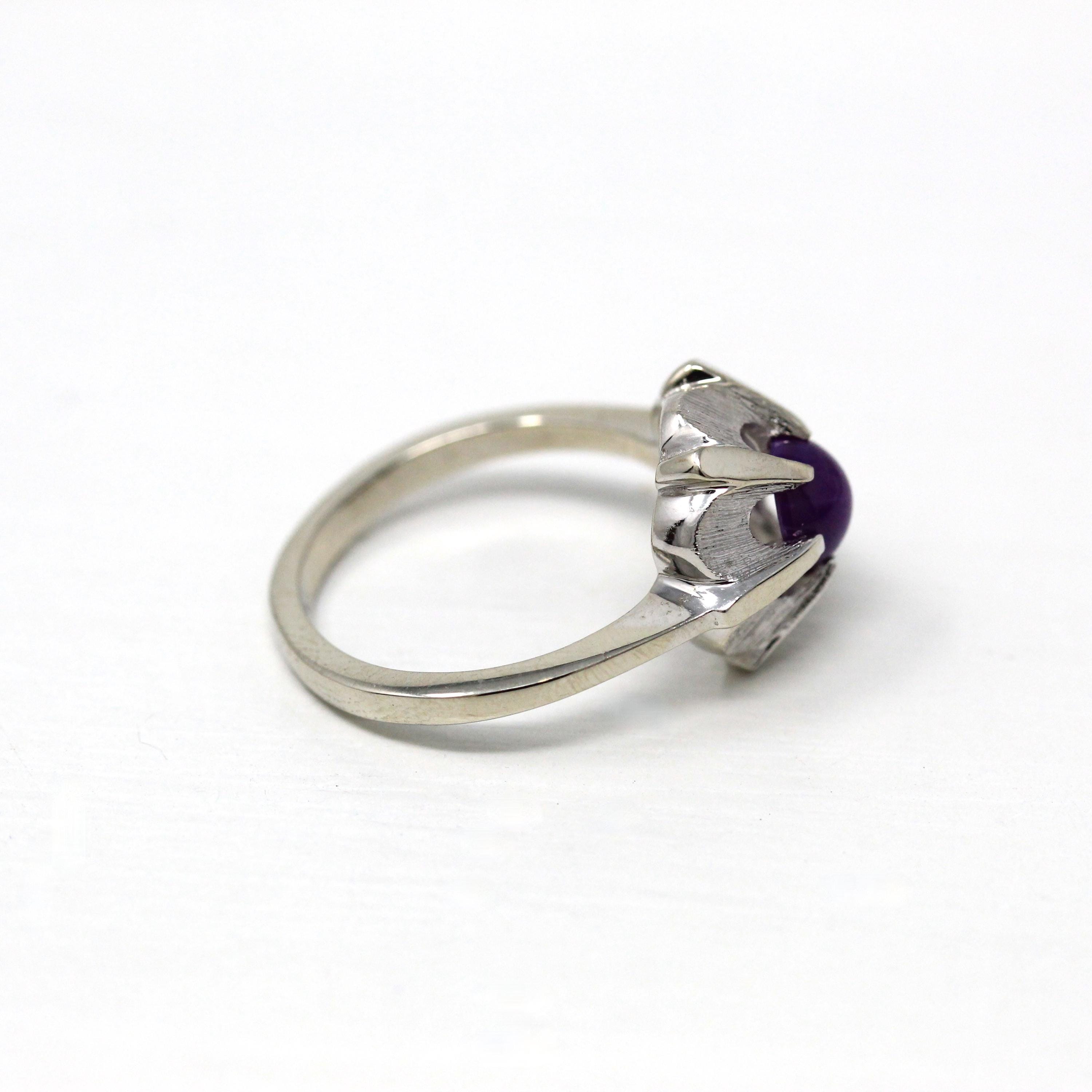 Created Star Sapphire Ring - Retro 14k White Gold 1.12 Ct Purple Cabochon Statement - Vintage Circa 1960s Size 6 1/4 Celestial Fine Jewelry