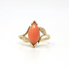 Genuine Coral Ring - Retro 14k Yellow Gold Marquise Cut Organic Gemstone - Vintage Circa 1970s Era Size 7 Statement Leaf Motif 70s Jewelry