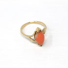 Genuine Coral Ring - Retro 14k Yellow Gold Marquise Cut Organic Gemstone - Vintage Circa 1970s Era Size 7 Statement Leaf Motif 70s Jewelry