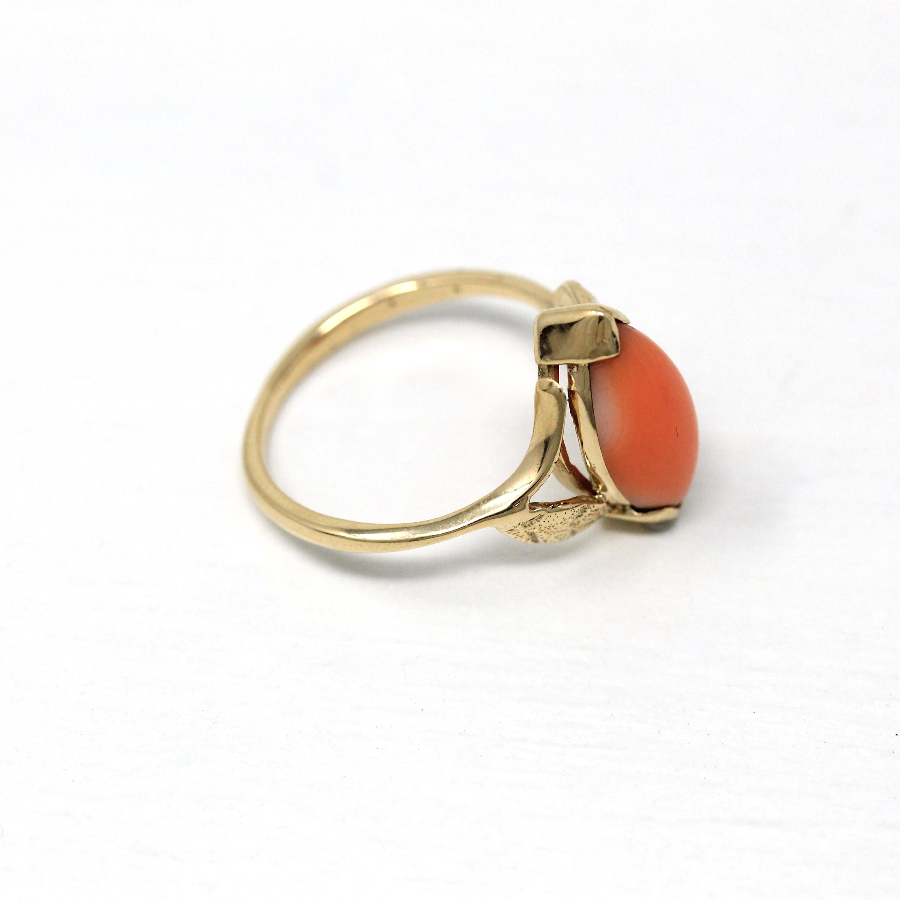 Genuine Coral Ring - Retro 14k Yellow Gold Marquise Cut Organic Gemstone - Vintage Circa 1970s Era Size 7 Statement Leaf Motif 70s Jewelry