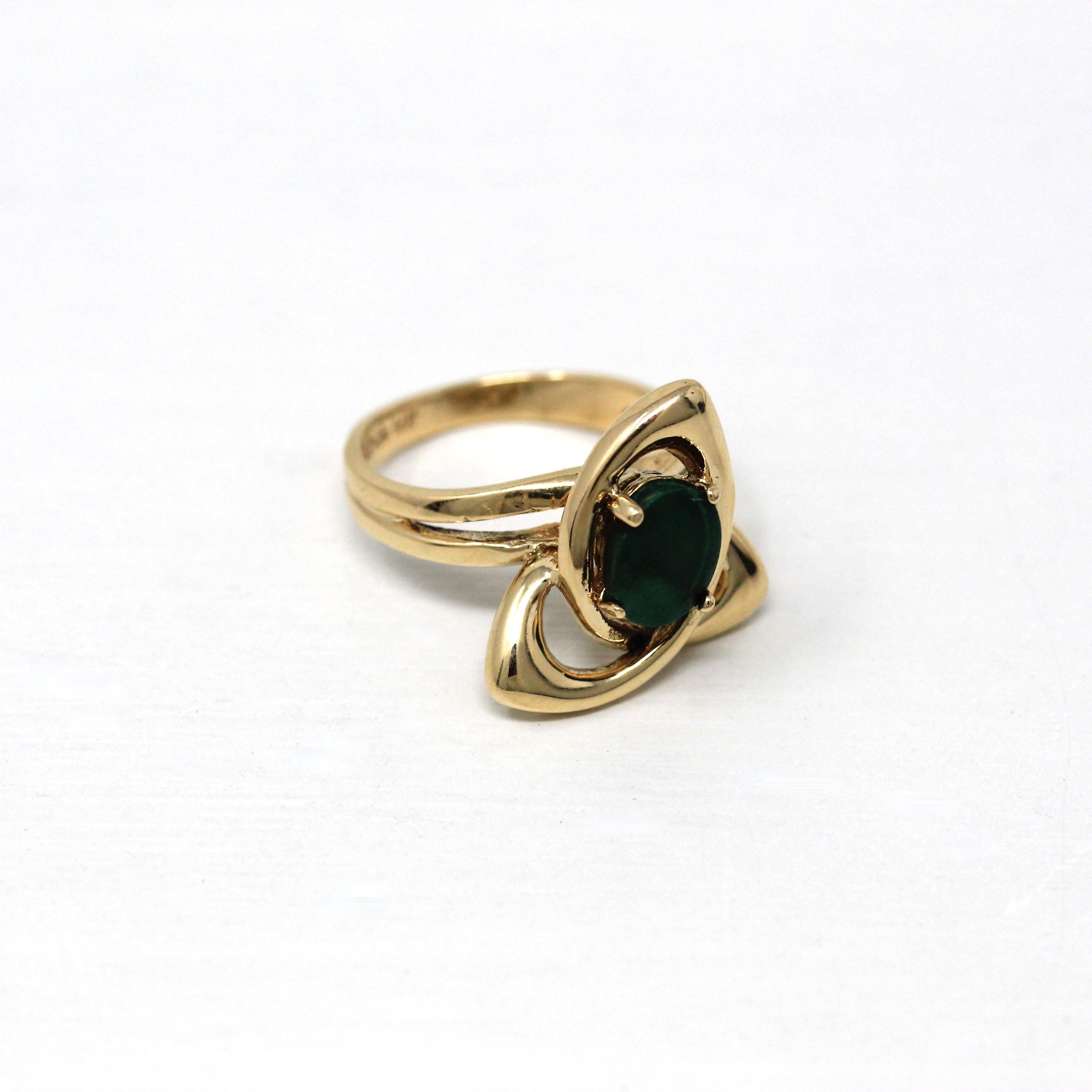 Vintage Malachite Ring - Retro 14k Yellow Gold Genuine Green Gemstone - Vintage Circa 1970s Era Size 5 1/2 New Old Stock Fine 70s Jewelry