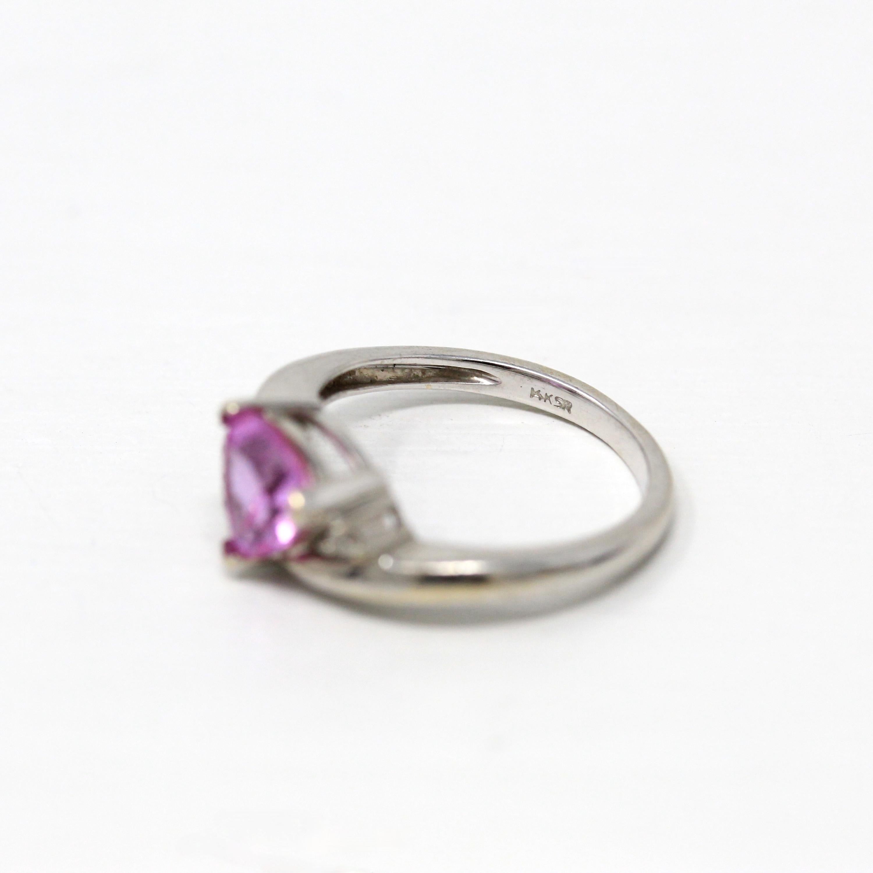 Created Pink Sapphire Ring - Estate 14k White Gold Fancy Cut Statement - Modern Circa 2000 Era Size 5 1/4 Genuine Diamonds Fine Jewelry