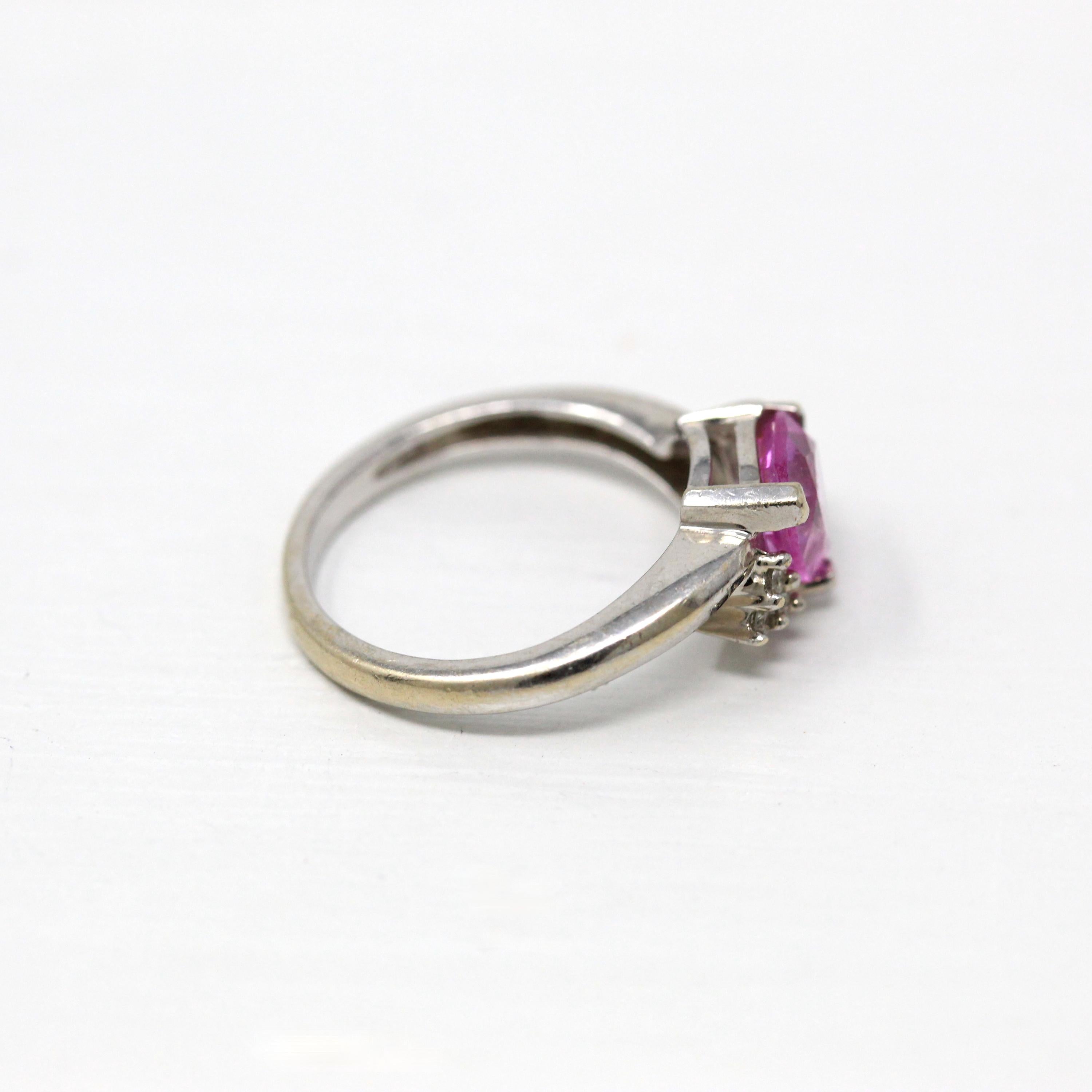 Created Pink Sapphire Ring - Estate 14k White Gold Fancy Cut Statement - Modern Circa 2000 Era Size 5 1/4 Genuine Diamonds Fine Jewelry