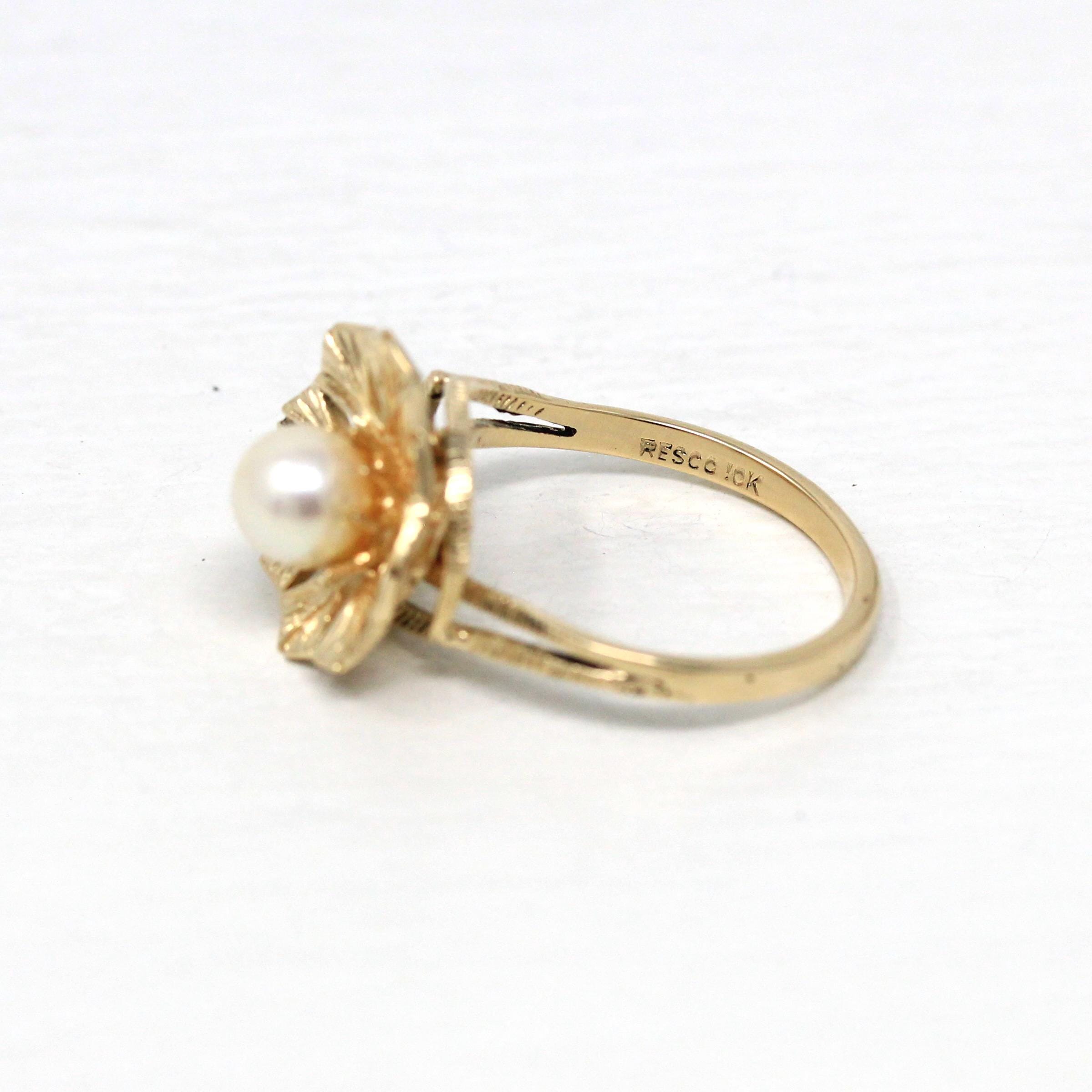 Cultured Pearl Ring - Retro 10k Yellow Gold Round White Gem - Vintage Circa 1970s Era Size 6 New Old Stock Statement Flower June Jewelry