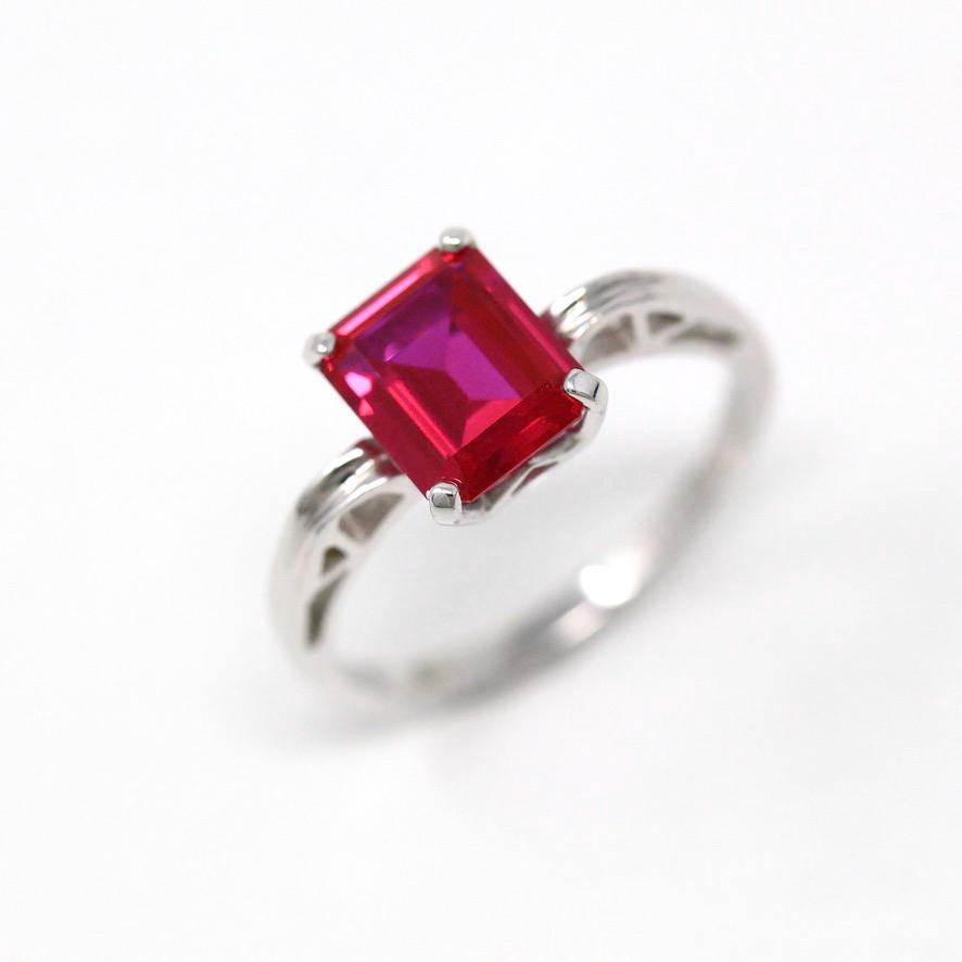 Created Ruby Ring - Retro 10k White Gold Rectangular Faceted 2.00 CT Red Stone - Vintage Circa 1960s Era Size 6 New Old Stock Fine Jewelry