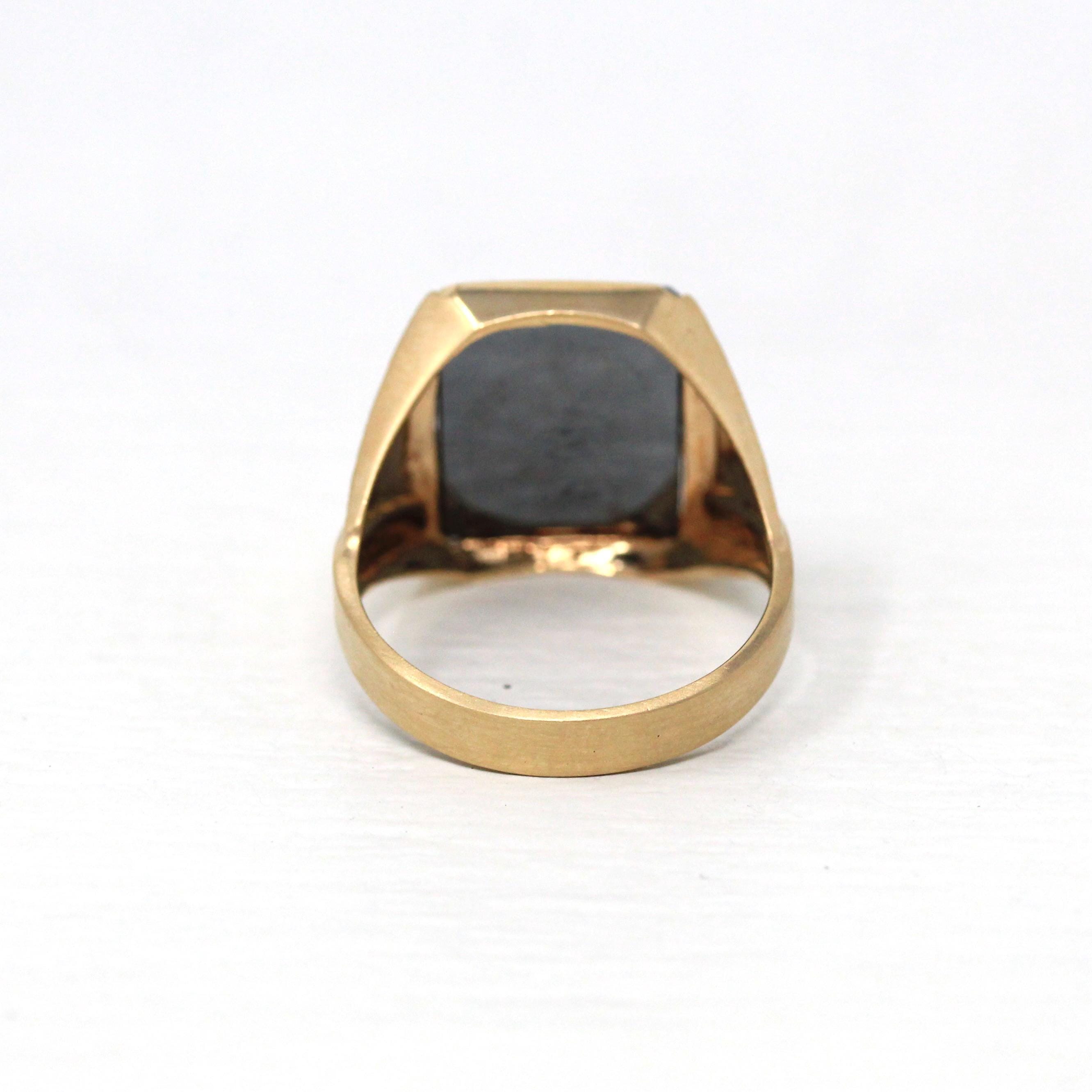 Vintage Hematite Ring - Retro 10k Yellow Gold Intaglio Carved Gray Roman Gem Warrior - Circa 1960s Size 10 New Old Stock Statement Jewelry