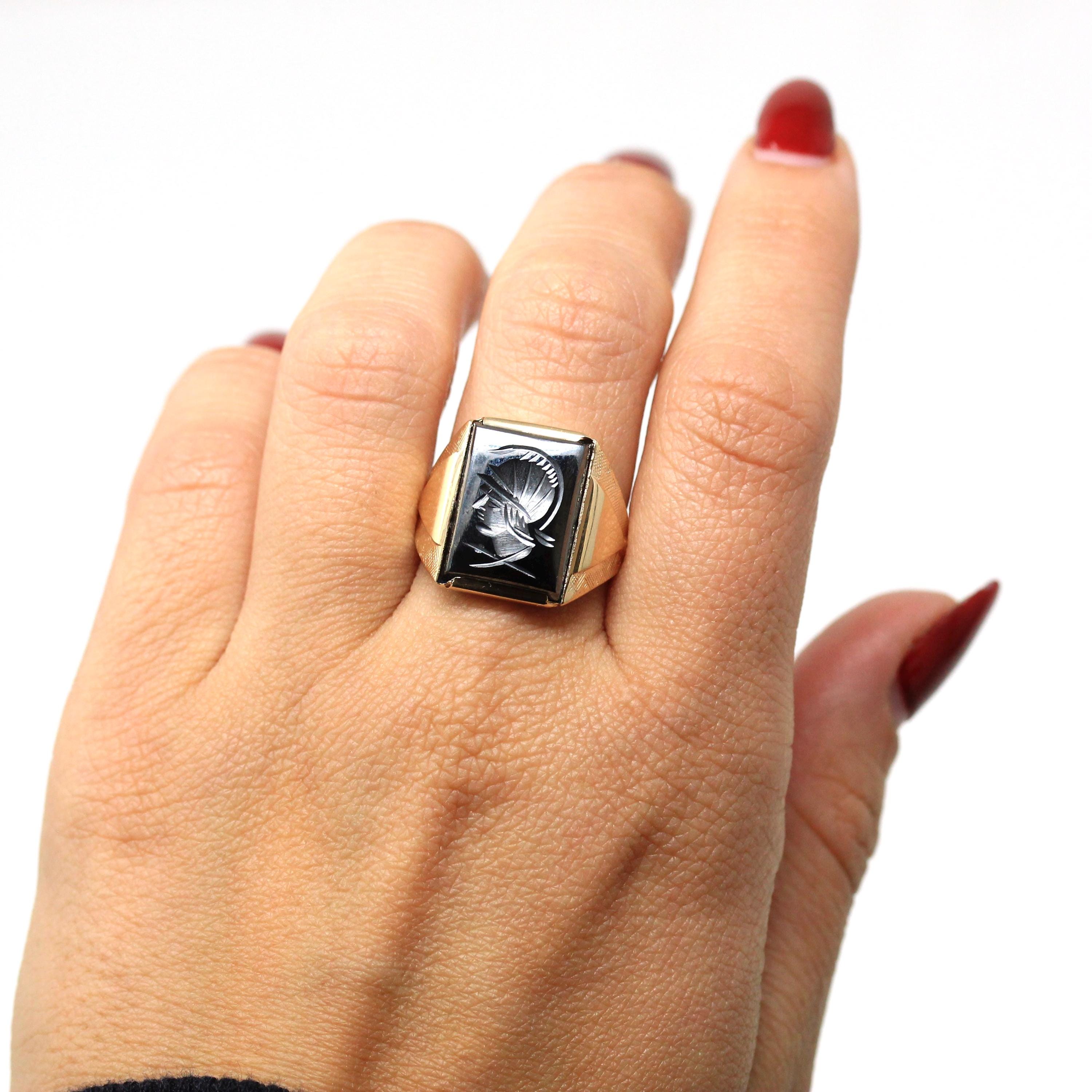 Vintage Hematite Ring - Retro 10k Yellow Gold Intaglio Carved Gray Roman Gem Warrior - Circa 1960s Size 10 New Old Stock Statement Jewelry