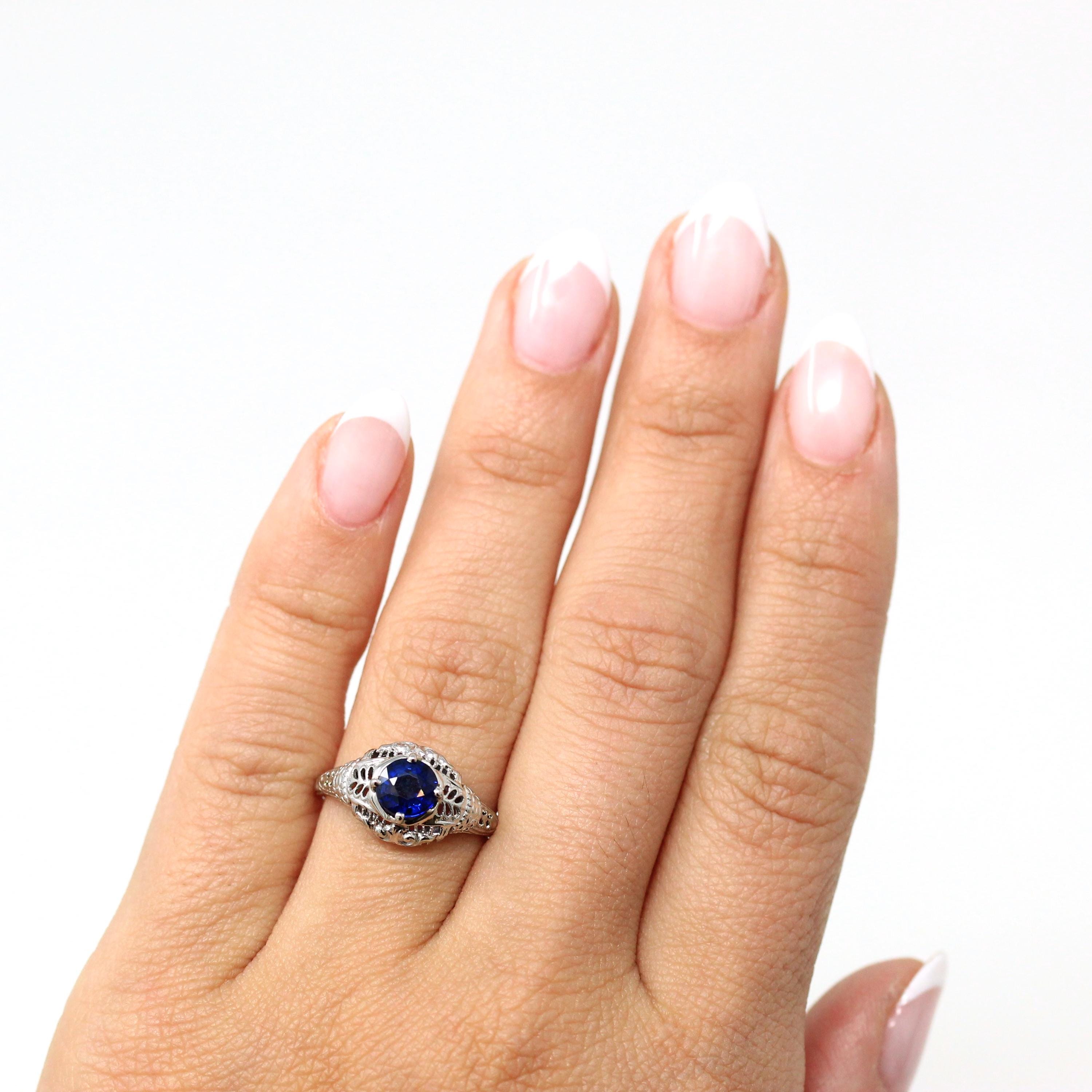 Genuine Sapphire Ring - Art Deco 18k White Gold Round Faceted .88 CT Blue Gemstone - Vintage 1930s Era Size 6 Solitaire Fine 30s Jewelry