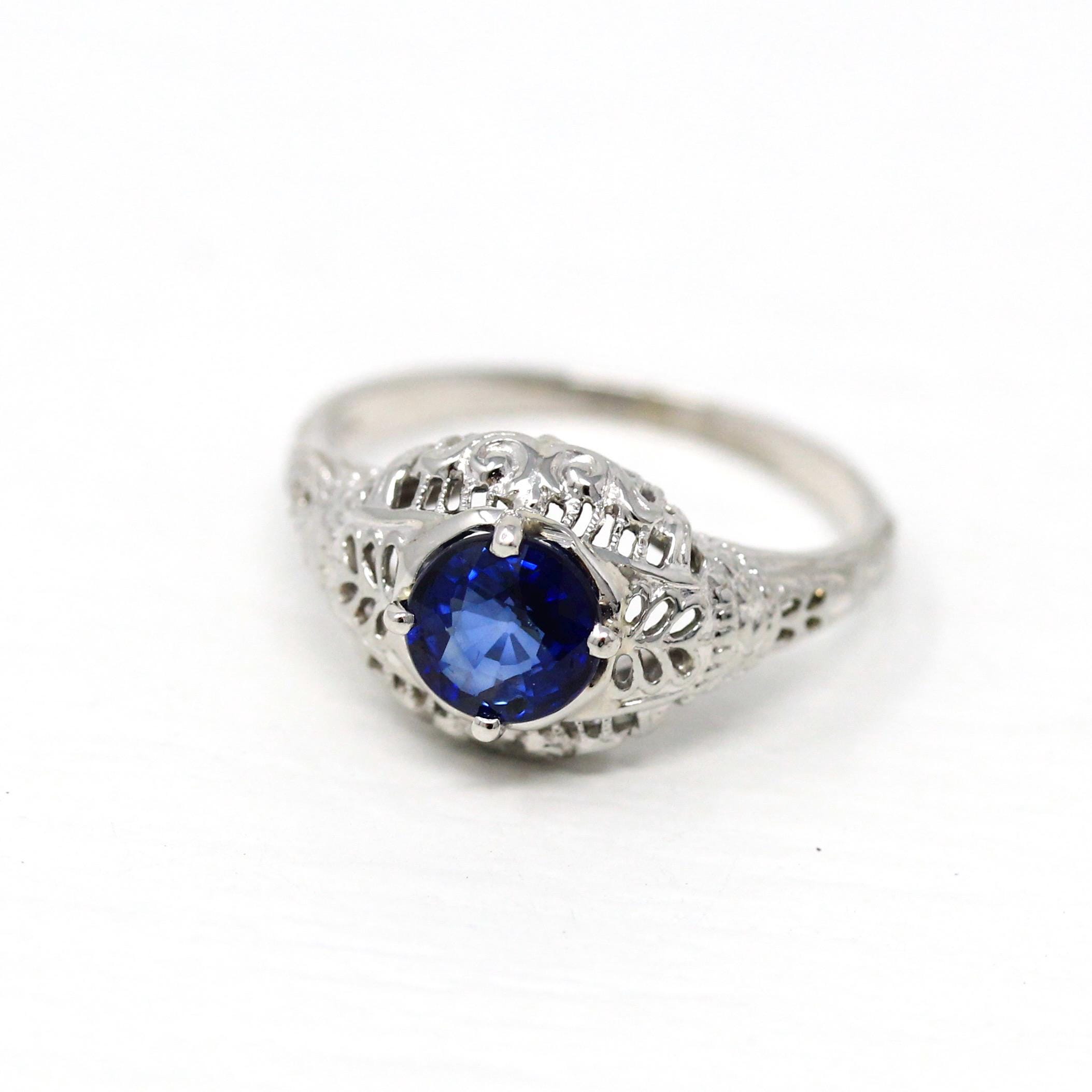 Genuine Sapphire Ring - Art Deco 18k White Gold Round Faceted .88 CT Blue Gemstone - Vintage 1930s Era Size 6 Solitaire Fine 30s Jewelry