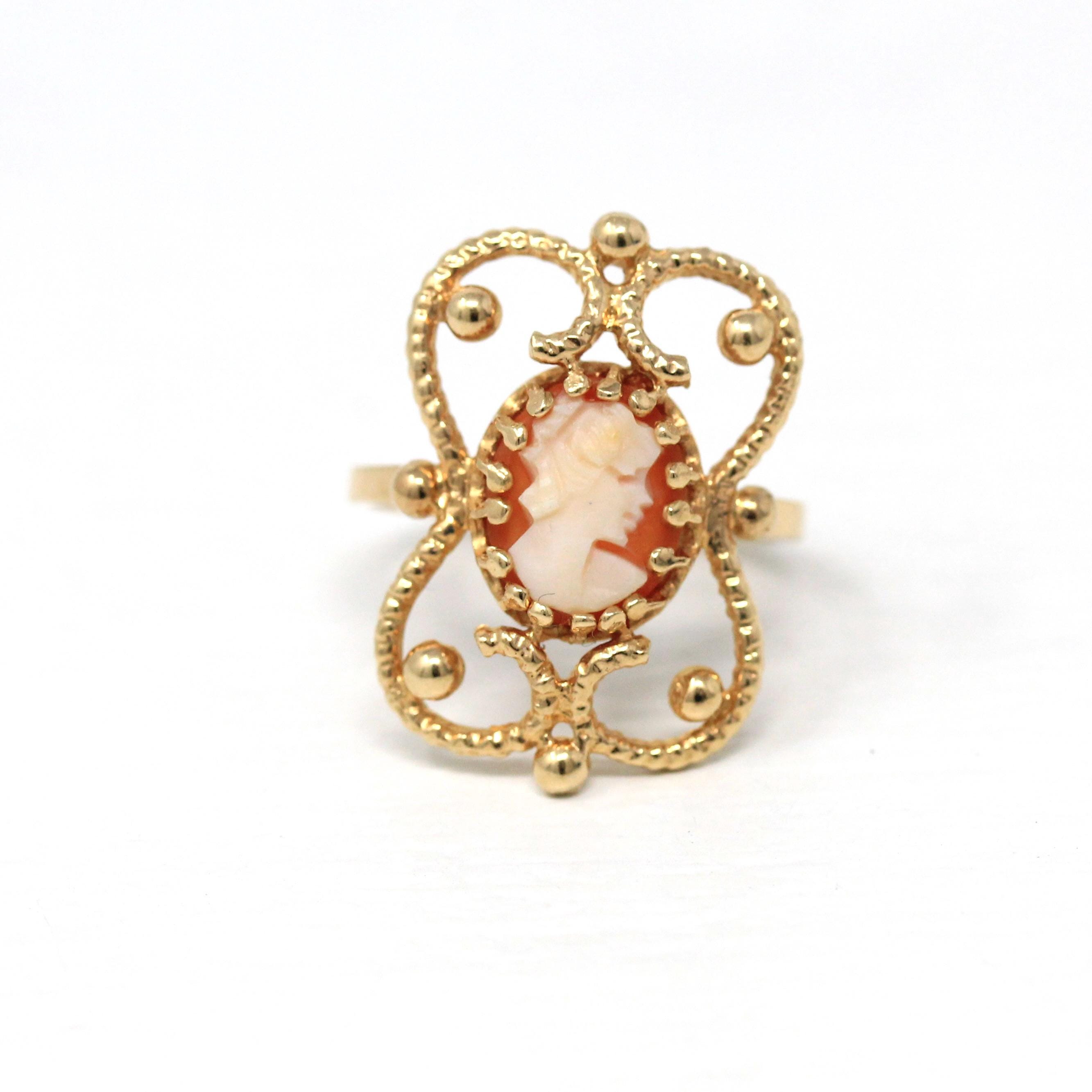 Vintage Cameo Ring - Retro 10k Yellow Gold Carved Shell Bead Studded Style - Vintage Circa 1960s Size 5.75 New Old Stock Statement Jewelry