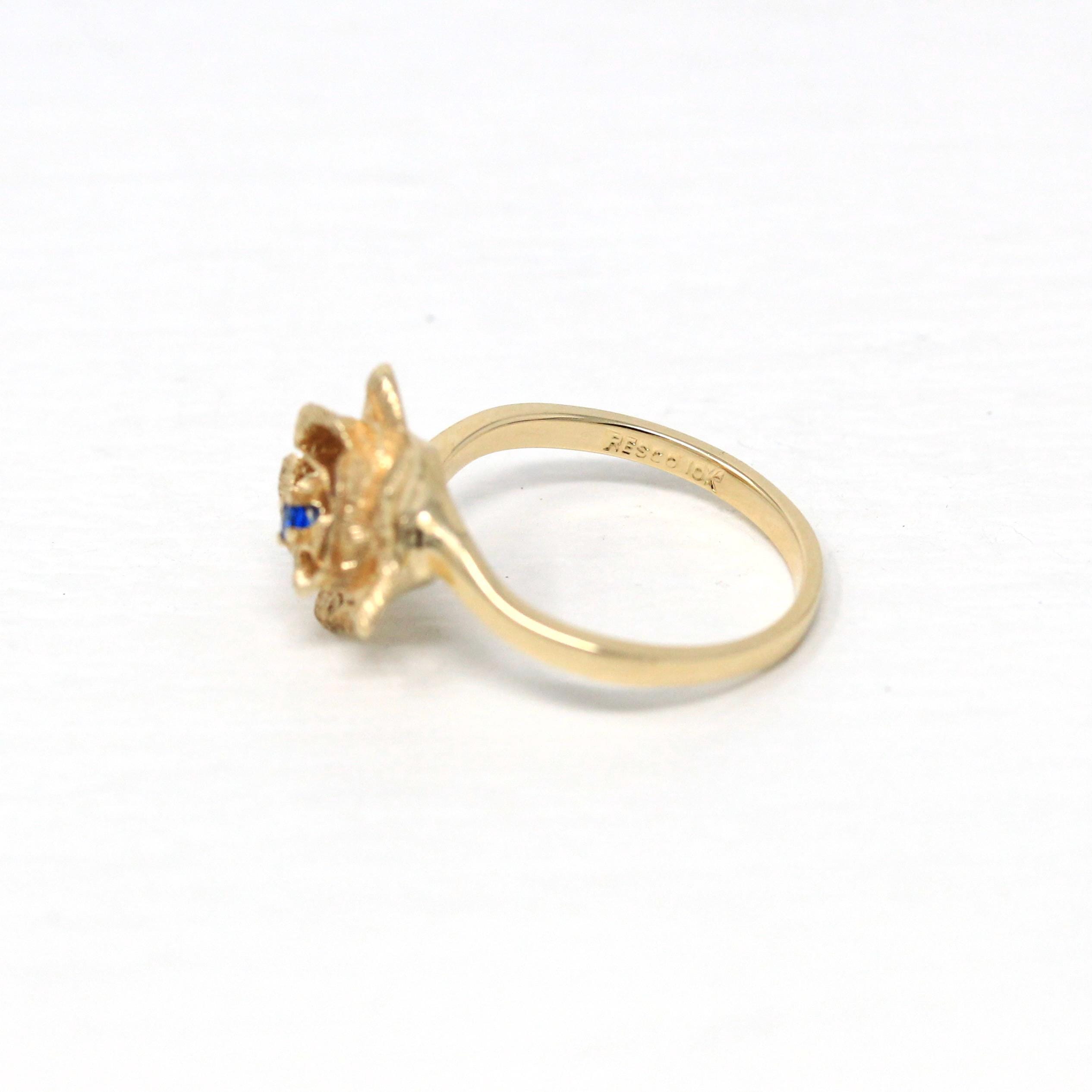 Retro Flower Ring - Vintage 10k Yellow Gold Created Blue Spinel Gemstone Textured Petals - Circa 1960s Era Size 6 New Old Stock Fine Jewelry