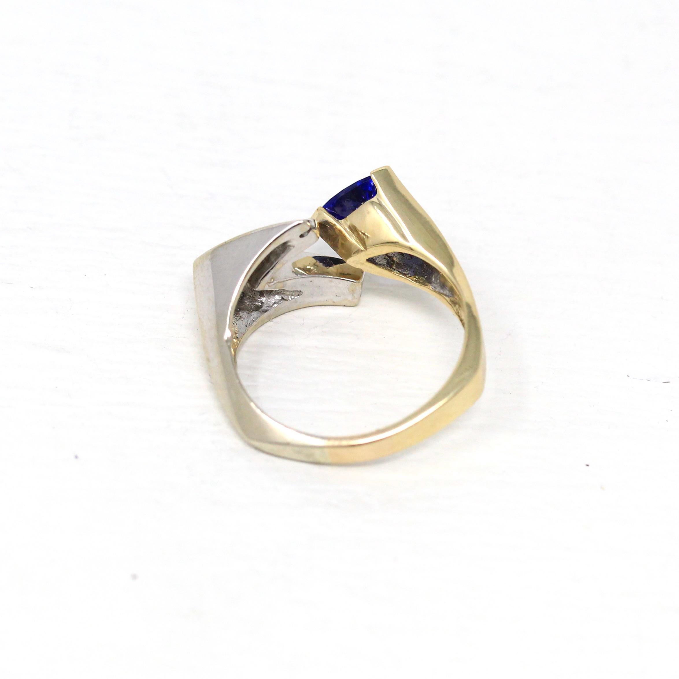 Genuine Tanzanite Ring - Modern 14k Yellow & White Gold Trilliant Cut .90 CT Gem - Estate Circa 2000s Era Size 8 Diamonds Fine Jewelry