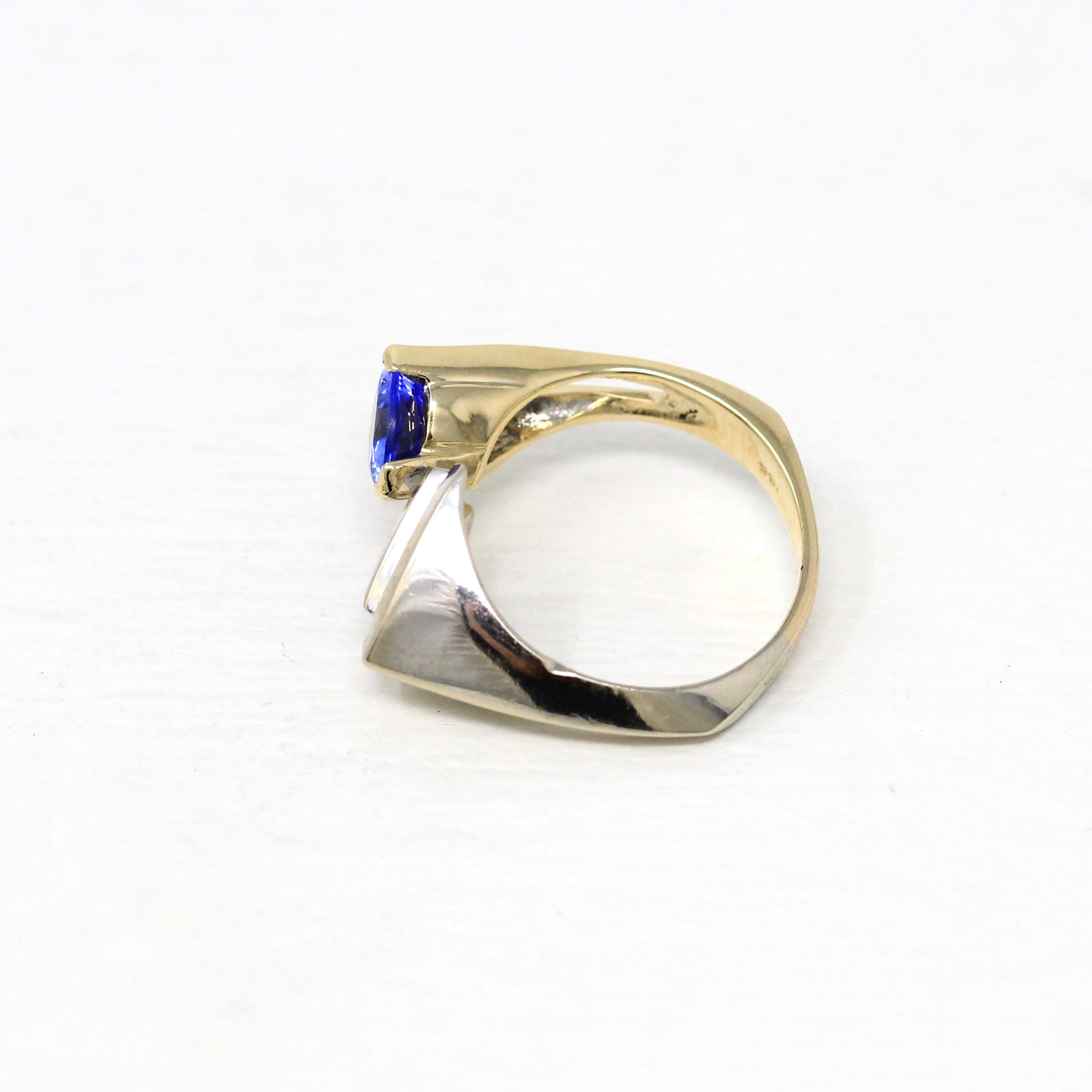 Genuine Tanzanite Ring - Modern 14k Yellow & White Gold Trilliant Cut .90 CT Gem - Estate Circa 2000s Era Size 8 Diamonds Fine Jewelry