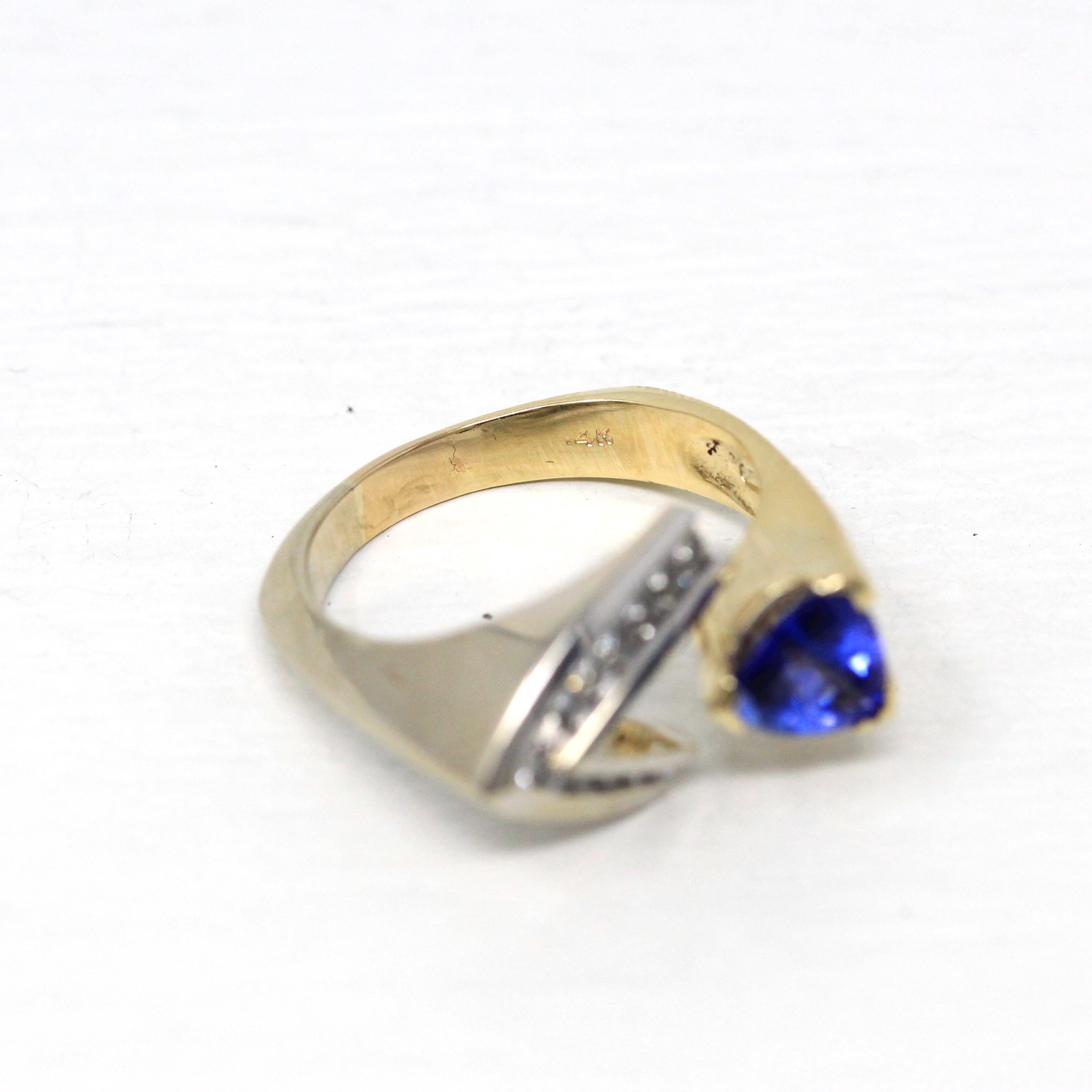 Genuine Tanzanite Ring - Modern 14k Yellow & White Gold Trilliant Cut .90 CT Gem - Estate Circa 2000s Era Size 8 Diamonds Fine Jewelry