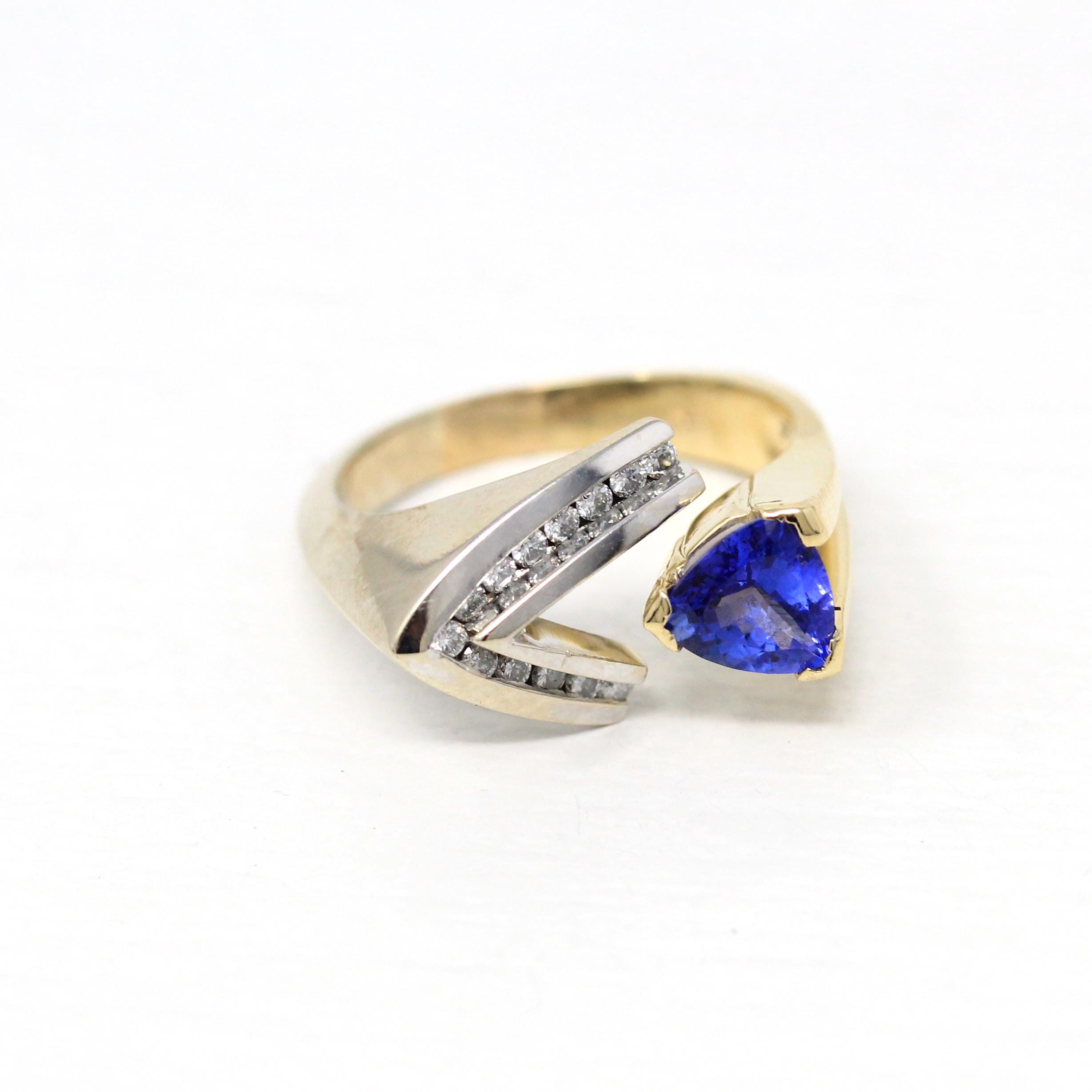 Genuine Tanzanite Ring - Modern 14k Yellow & White Gold Trilliant Cut .90 CT Gem - Estate Circa 2000s Era Size 8 Diamonds Fine Jewelry