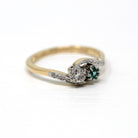 Toi et Moi Ring - Retro 9k Yellow Gold & Platinum Emerald and Diamond Ring - Vintage Circa 1940s Era Size 7 Fine Engagement Jewelry