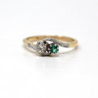 Toi et Moi Ring - Retro 9k Yellow Gold & Platinum Emerald and Diamond Ring - Vintage Circa 1940s Era Size 7 Fine Engagement Jewelry