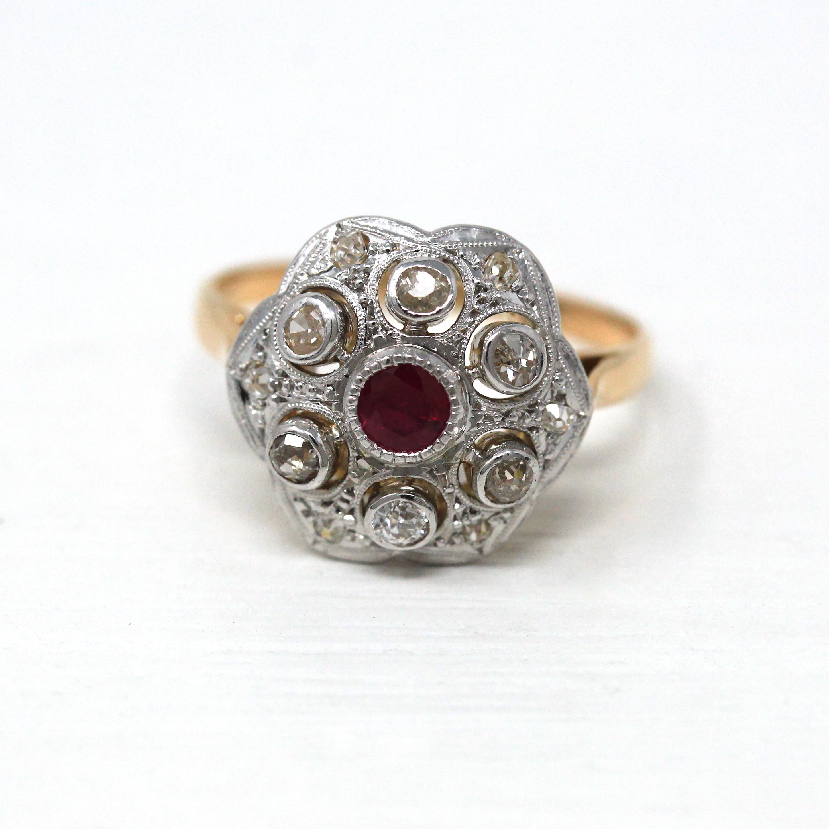 Ruby & Diamond Ring - 18k Yellow and White Gold .29 CT Pink Gem - Retro Size 7 Alternative Engagement Fine Halo Dome Two Tone Jewelry