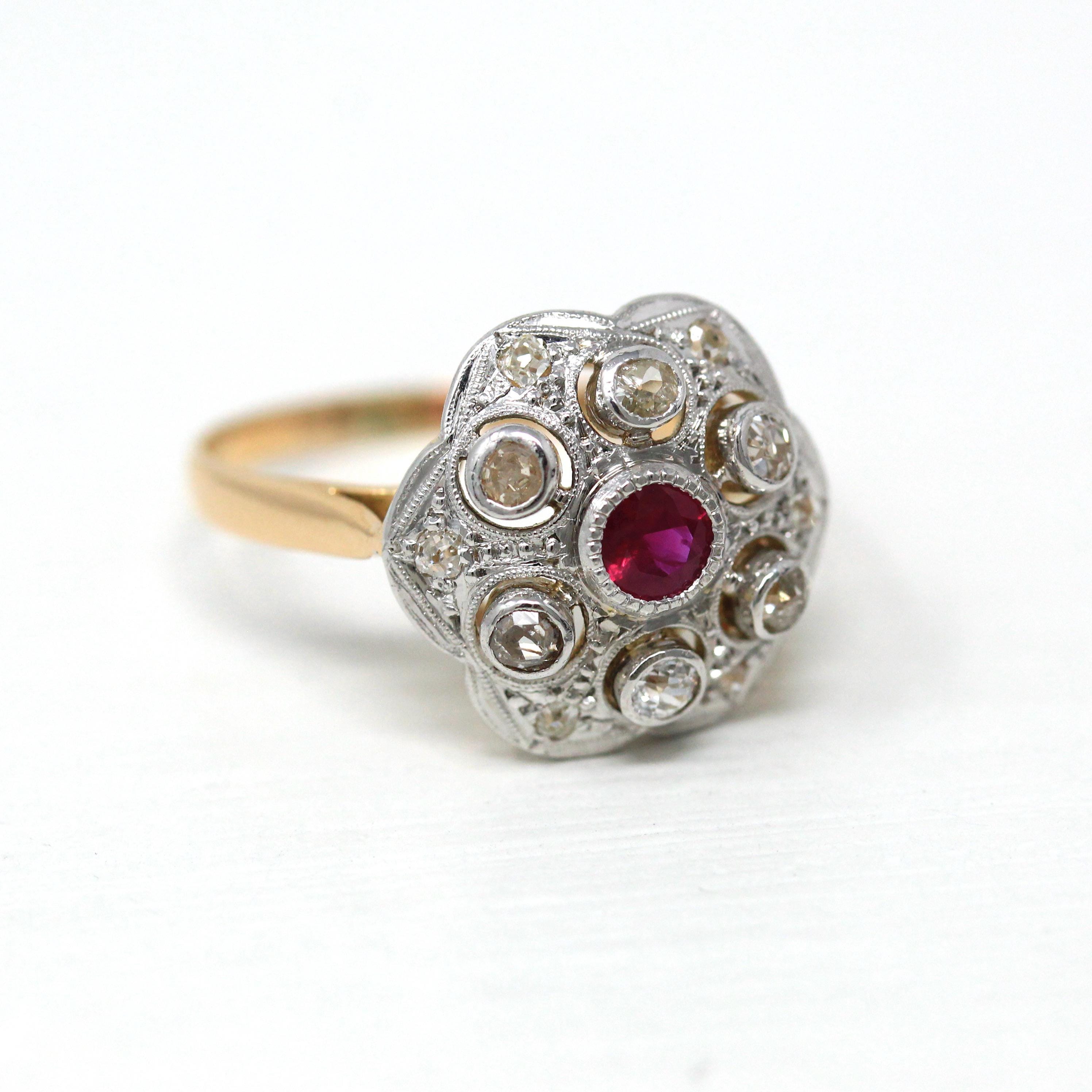 Ruby & Diamond Ring - 18k Yellow and White Gold .29 CT Pink Gem - Retro Size 7 Alternative Engagement Fine Halo Dome Two Tone Jewelry