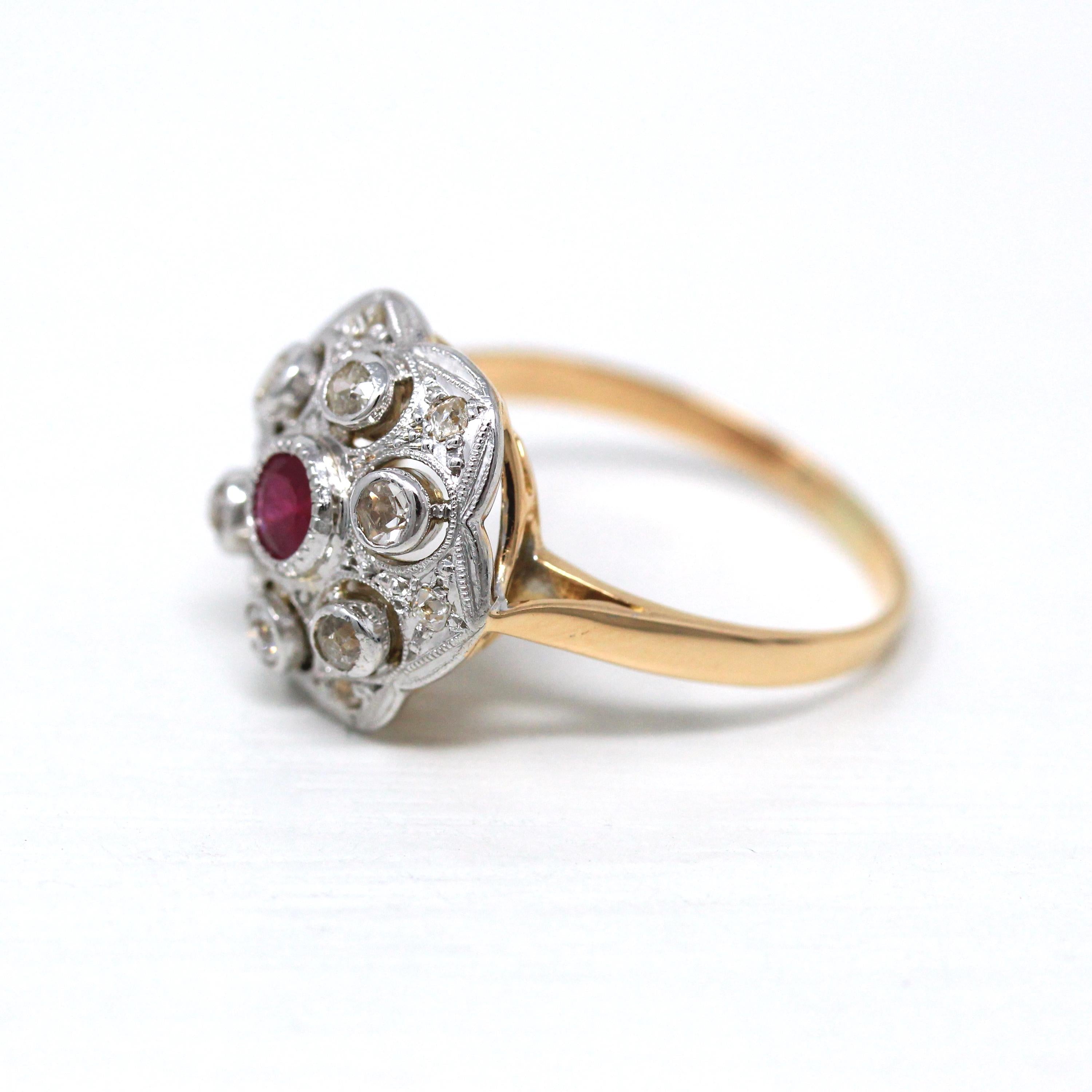 Ruby & Diamond Ring - 18k Yellow and White Gold .29 CT Pink Gem - Retro Size 7 Alternative Engagement Fine Halo Dome Two Tone Jewelry