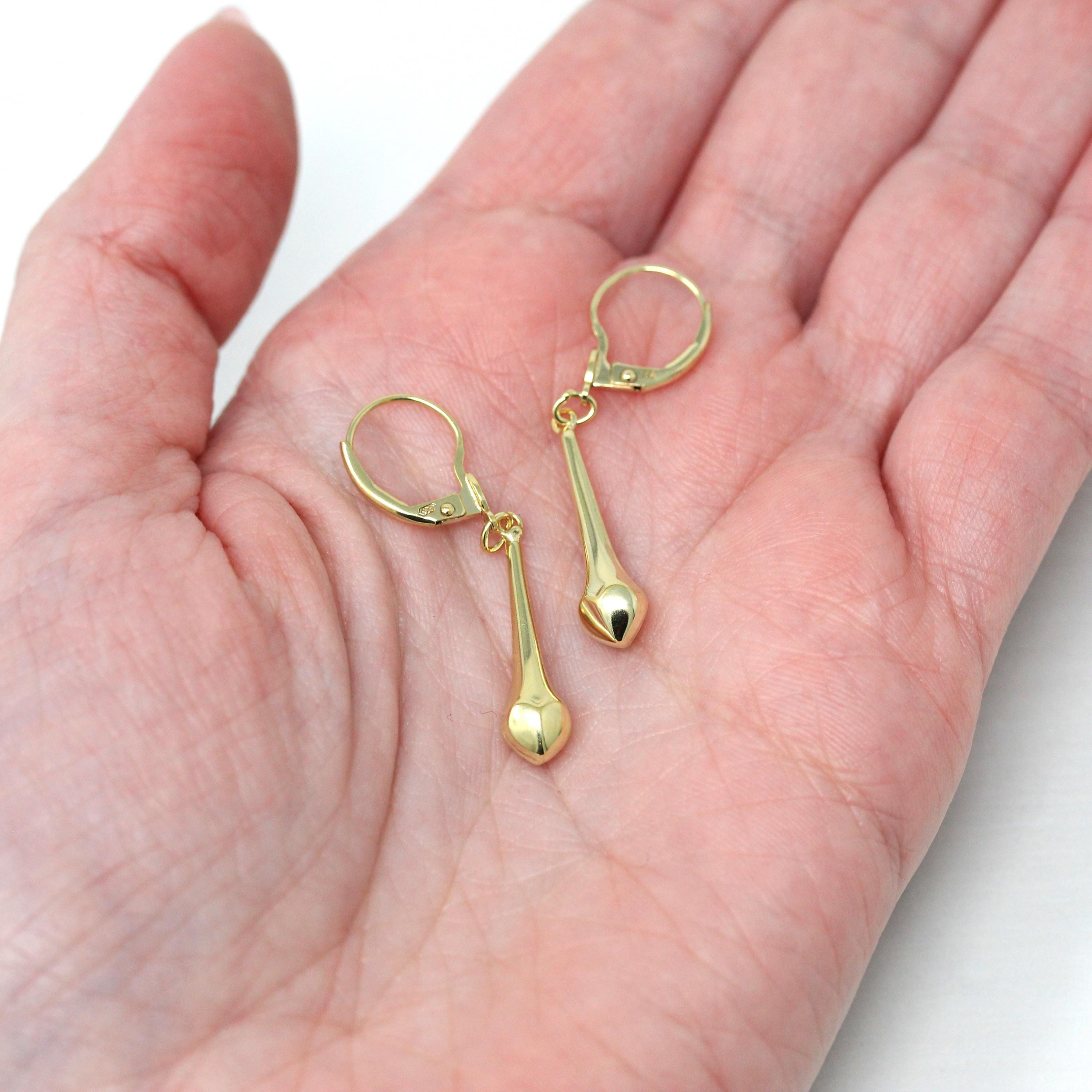 Estate Statement Earrings - Vintage NOS 14k Yellow Gold Lever Pierced Heart Drops - Circa 1990s's Era Dangle New Old Stock 90s Fine Jewelry