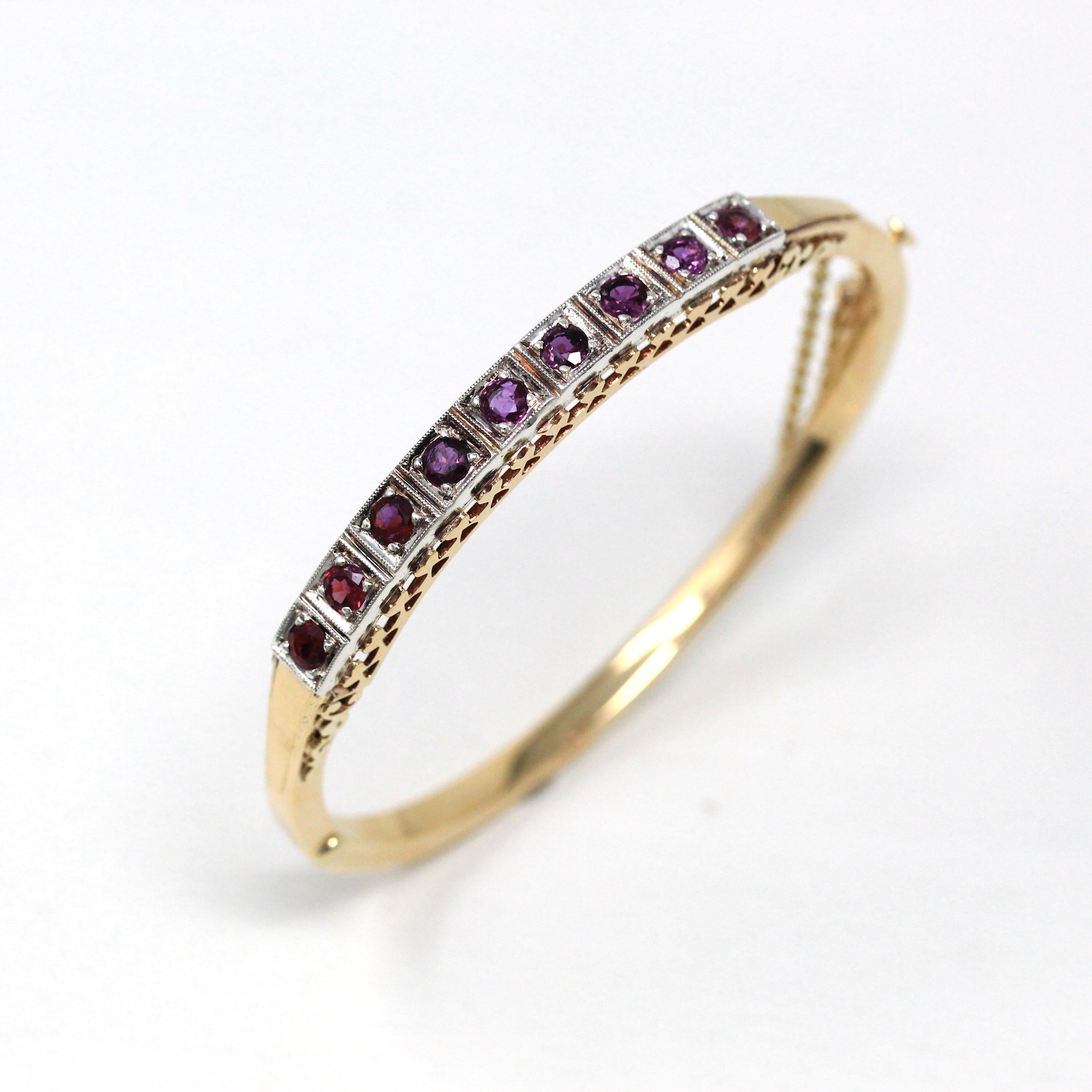 Genuine Ruby Bracelet - Estate 14k Yellow Gold Genuine Gemstone Bangle - Modern Estate Fine Two Tone Purple Red Bangle Jewelry