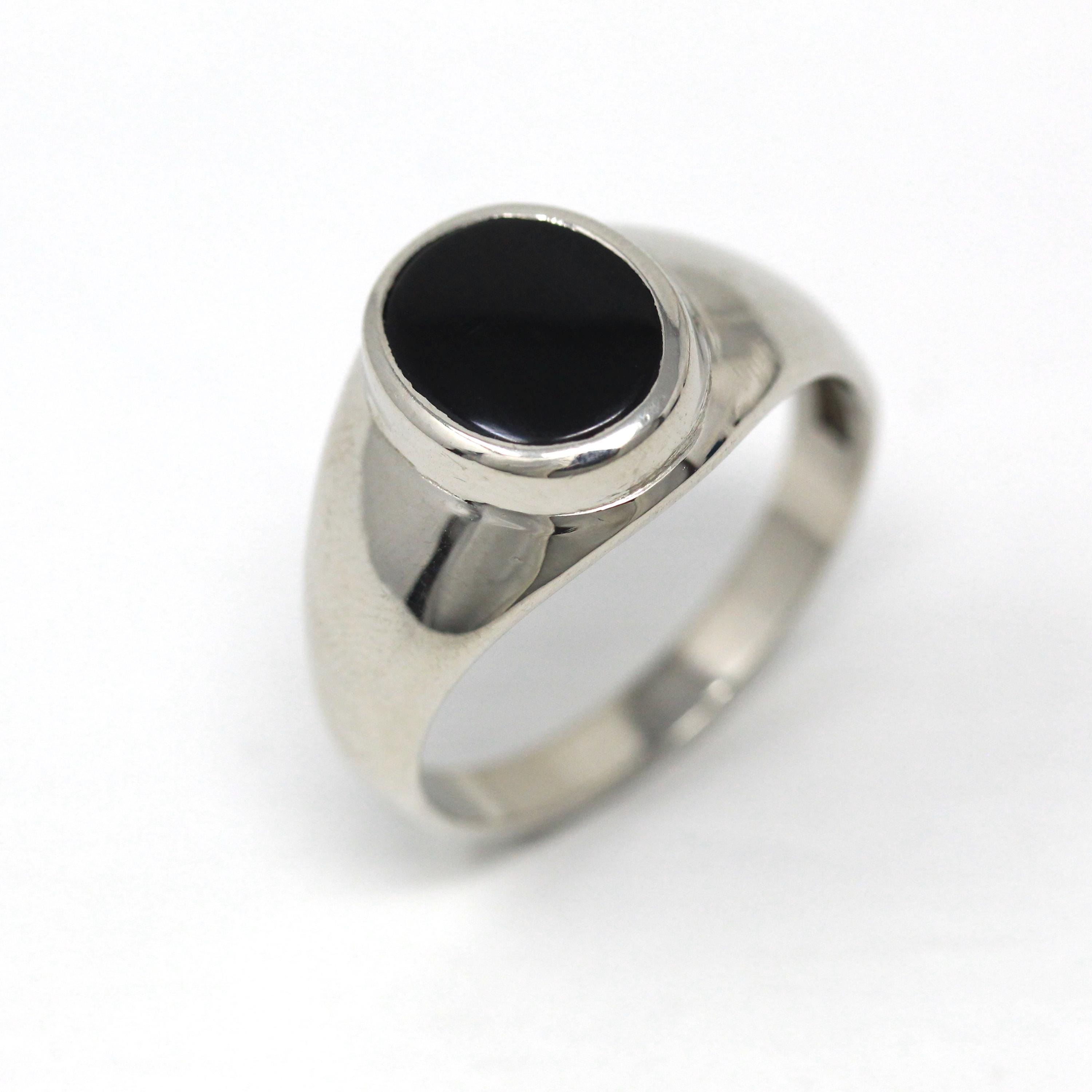 Genuine Onyx Ring - Retro 10k White Gold Bezel Set Black Gem Statement - Vintage Circa 1960s Era Size 12 1/4 Unisex Style Fine Mens Jewelry