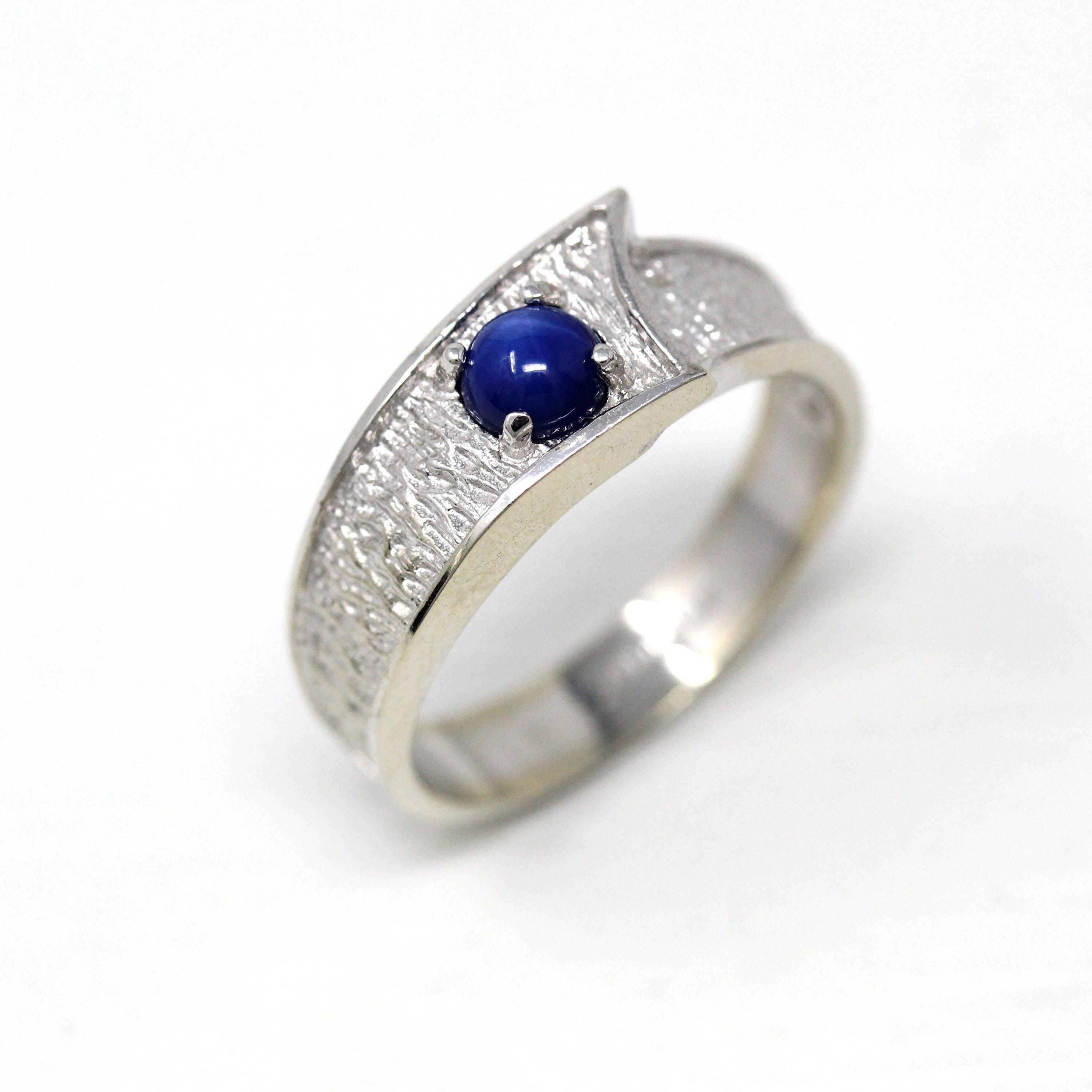 Created Star Sapphire Ring - Retro 14k White Gold Blue Stone - Vintage Circa 1960s Size 10 September Birthstone New Old Stock Fine Jewelry