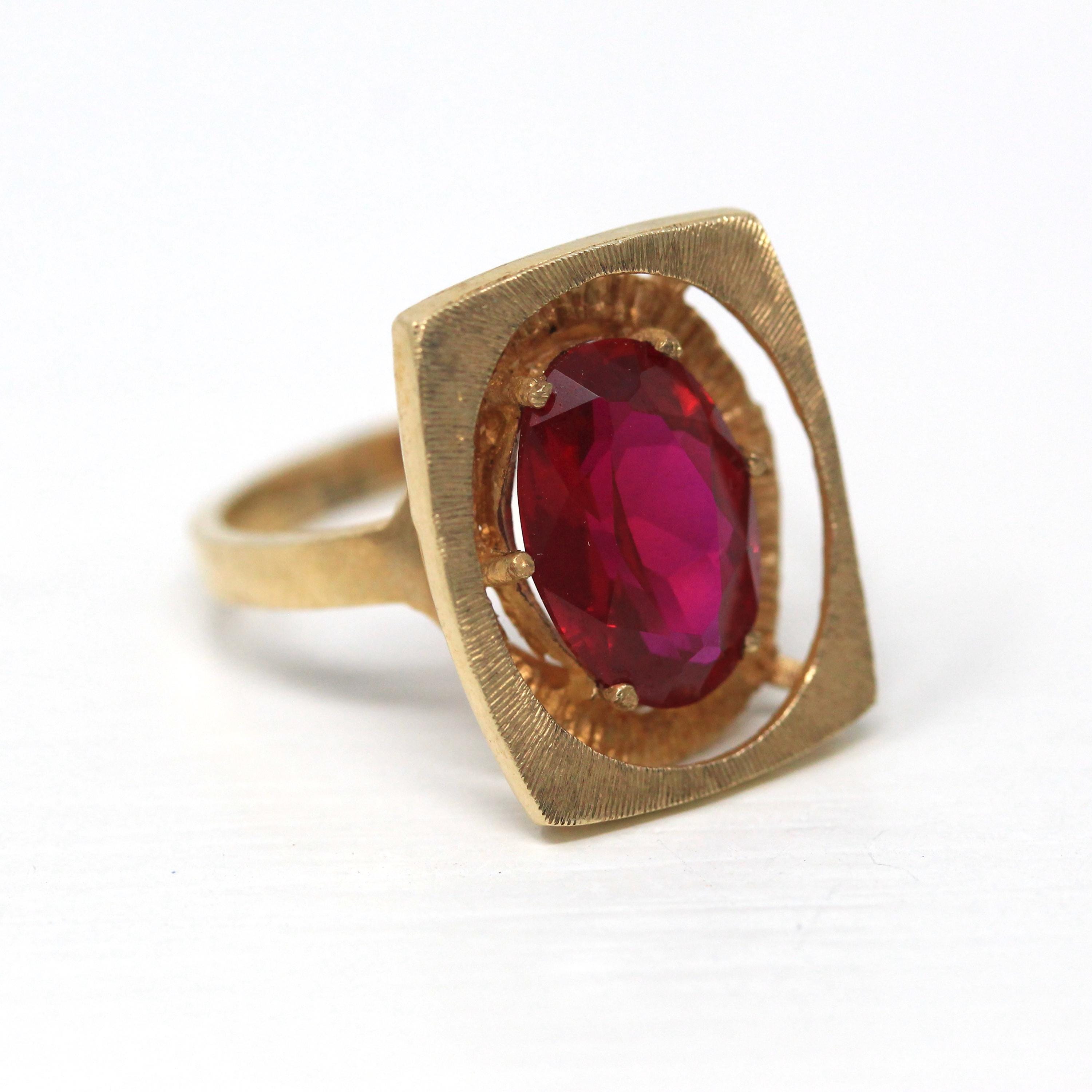 Created Ruby Ring - Retro 10k Yellow Gold Oval Faceted Red Stone - Vintage Circa 1960s Era Size 6 New Old Stock Statement Fine 60s Jewelry