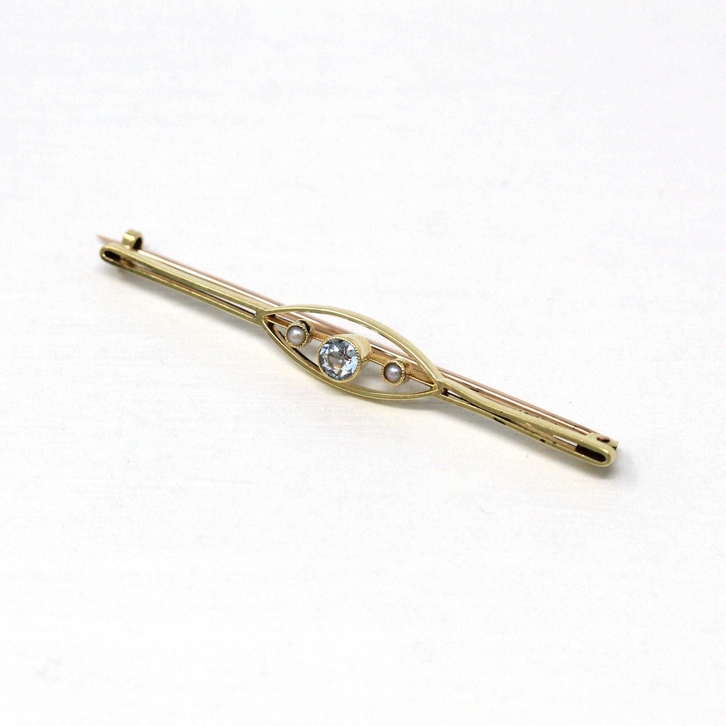 Genuine Aquamarine Brooch - Antique Edwardian 15k Yellow Gold Light Blue Gem & Seed Pearl - Circa 1910s Era March Birthstone Fine Jewelry