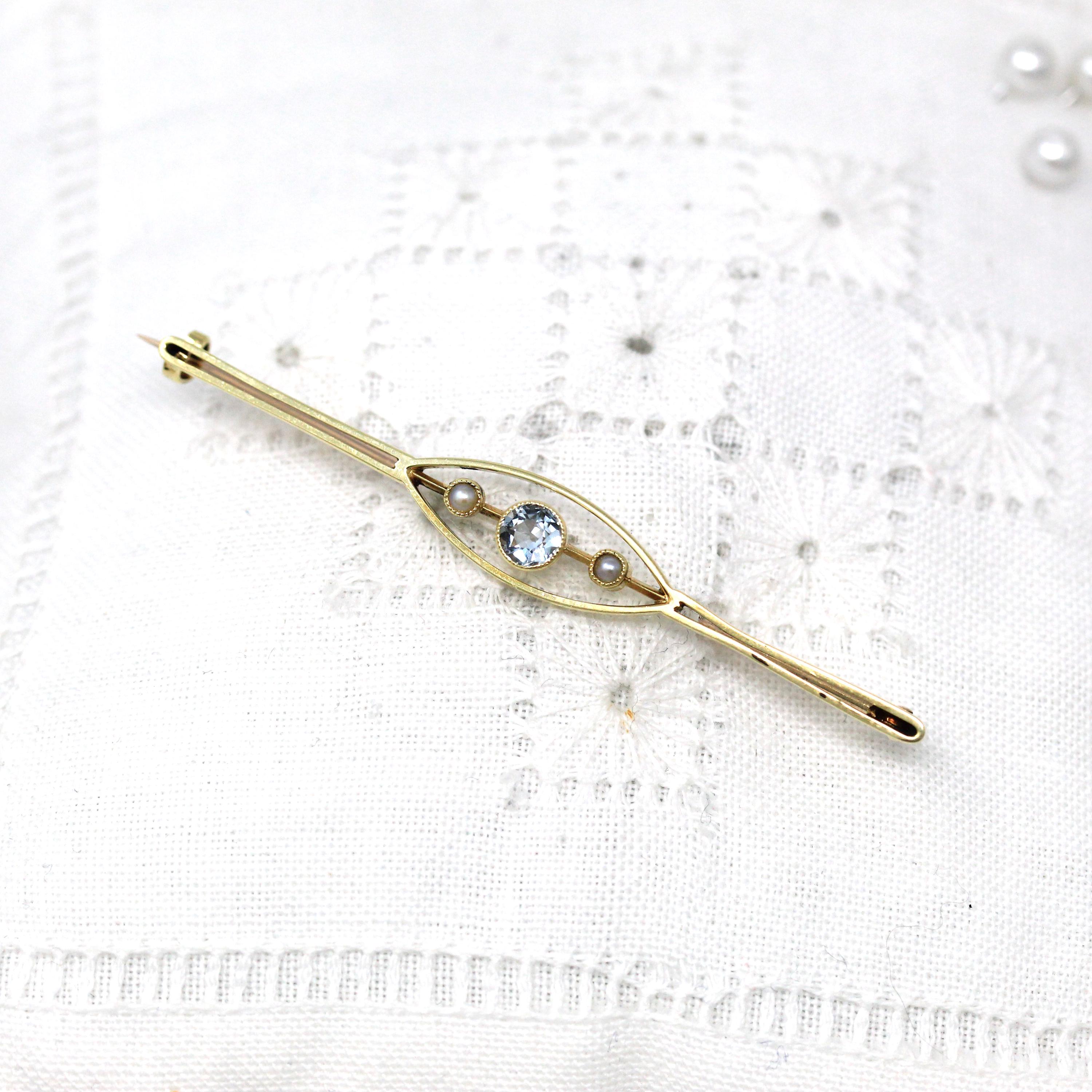 Genuine Aquamarine Brooch - Antique Edwardian 15k Yellow Gold Light Blue Gem & Seed Pearl - Circa 1910s Era March Birthstone Fine Jewelry