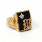 Letter "B" Ring - Retro 10k Yellow Gold Diamond & Onyx Old English Initial - Vintage Circa 1960s Size 10 Statement New Old Stock Jewelry