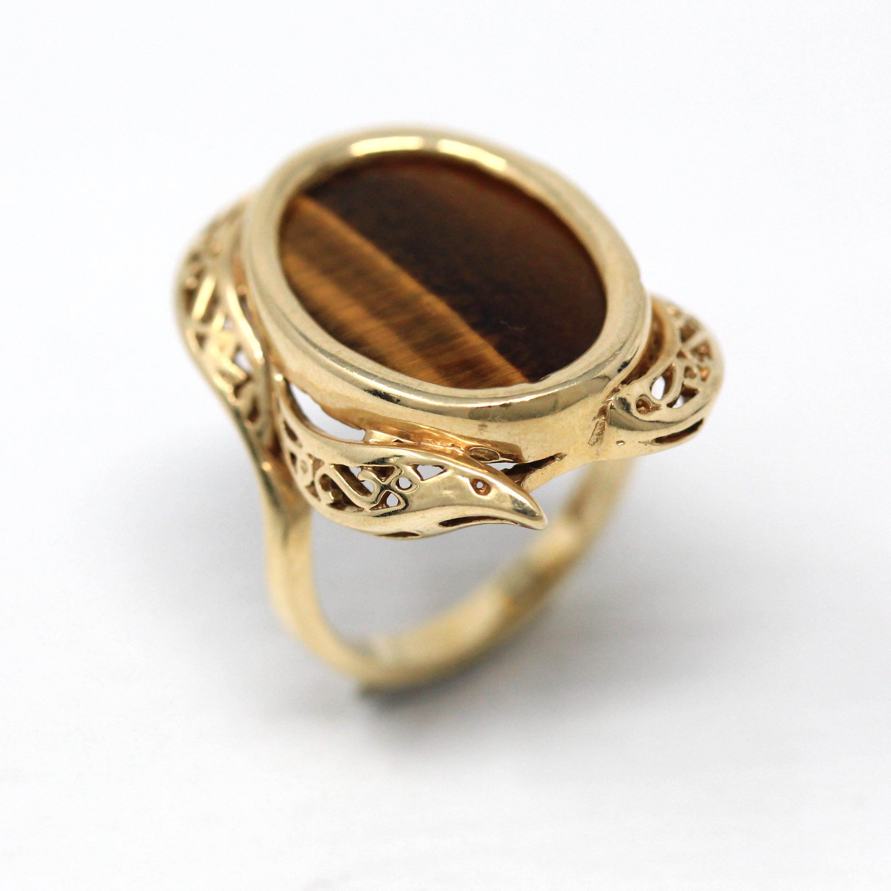 Tiger's Eye Ring - Retro 10k Yellow Gold Genuine Brown Gemstone Statement - Vintage Circa 1970s Era Size 5 1/2 New Old Stock Fine Jewelry