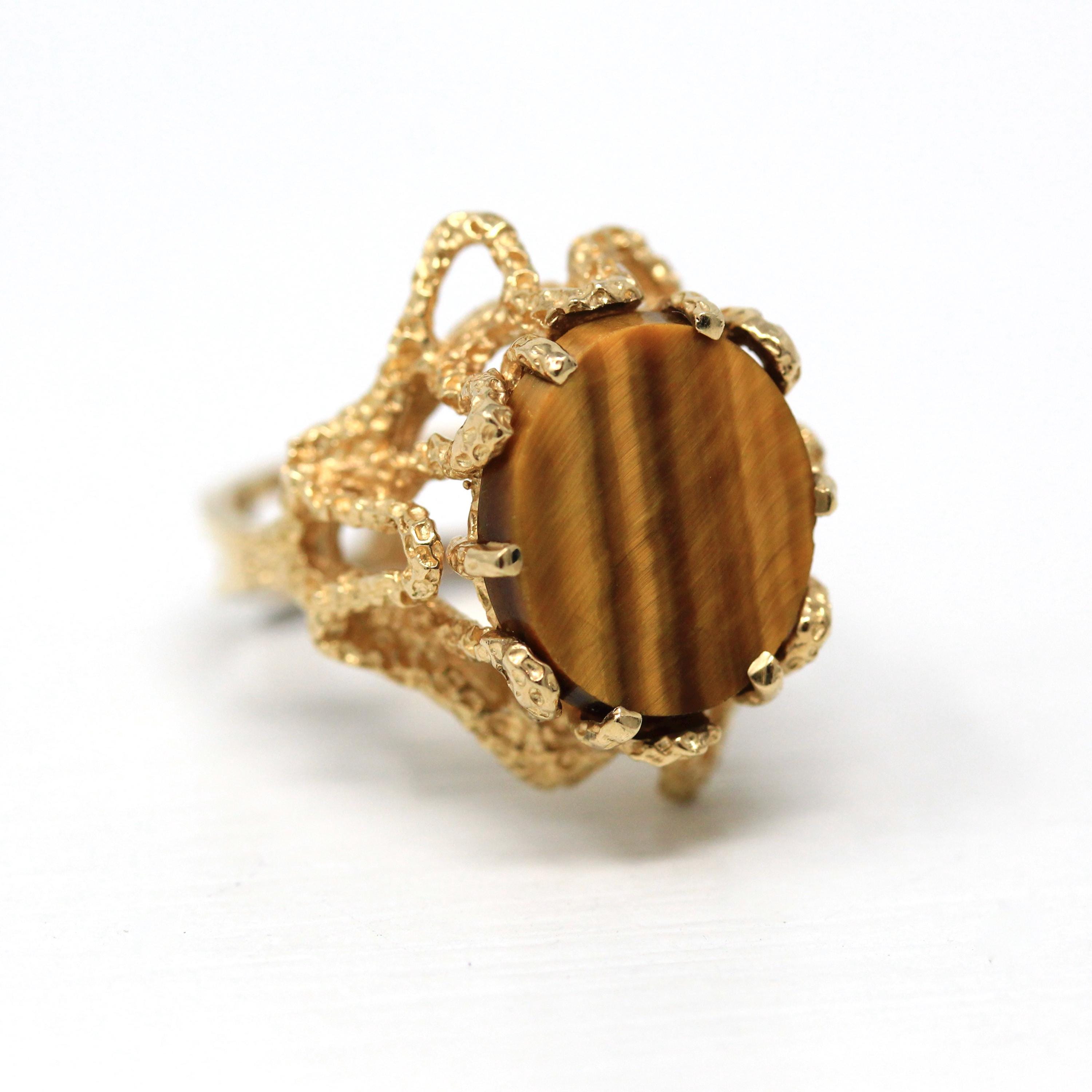 Tiger's Eye Ring - Retro 10k Yellow Gold Genuine Brown Gemstone Statement - Vintage Circa 1970s Era Size 6 3/4 New Old Stock Fine Jewelry