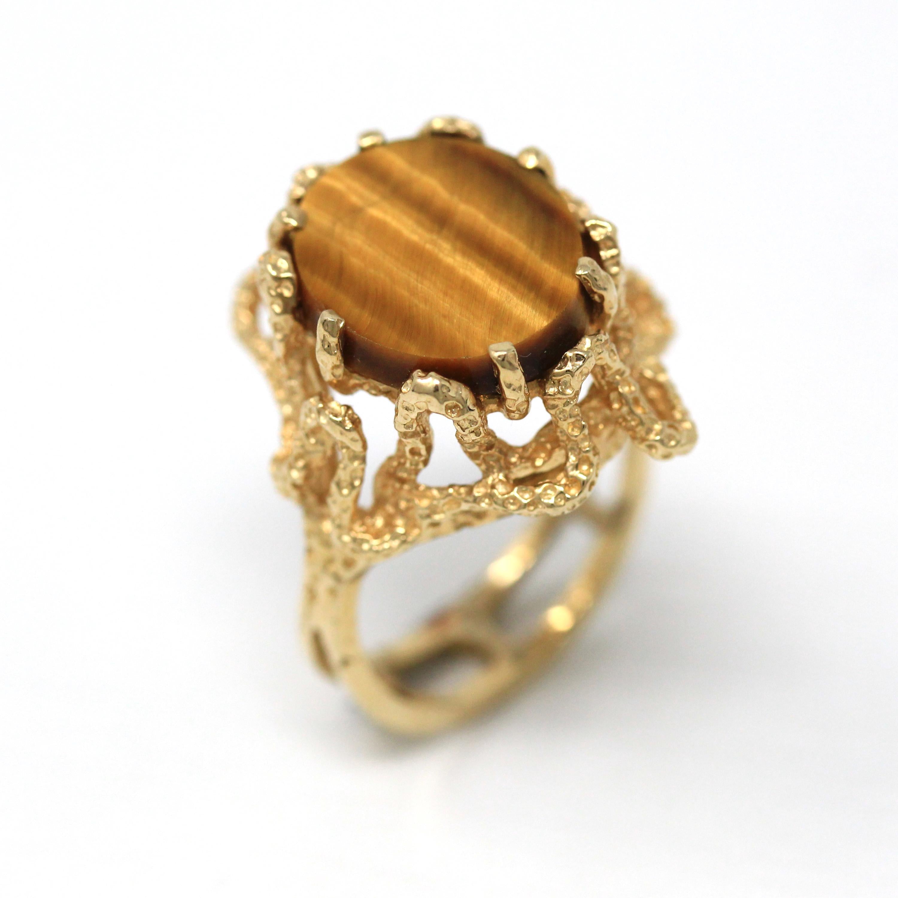 Tiger's Eye Ring - Retro 10k Yellow Gold Genuine Brown Gemstone Statement - Vintage Circa 1970s Era Size 6 3/4 New Old Stock Fine Jewelry