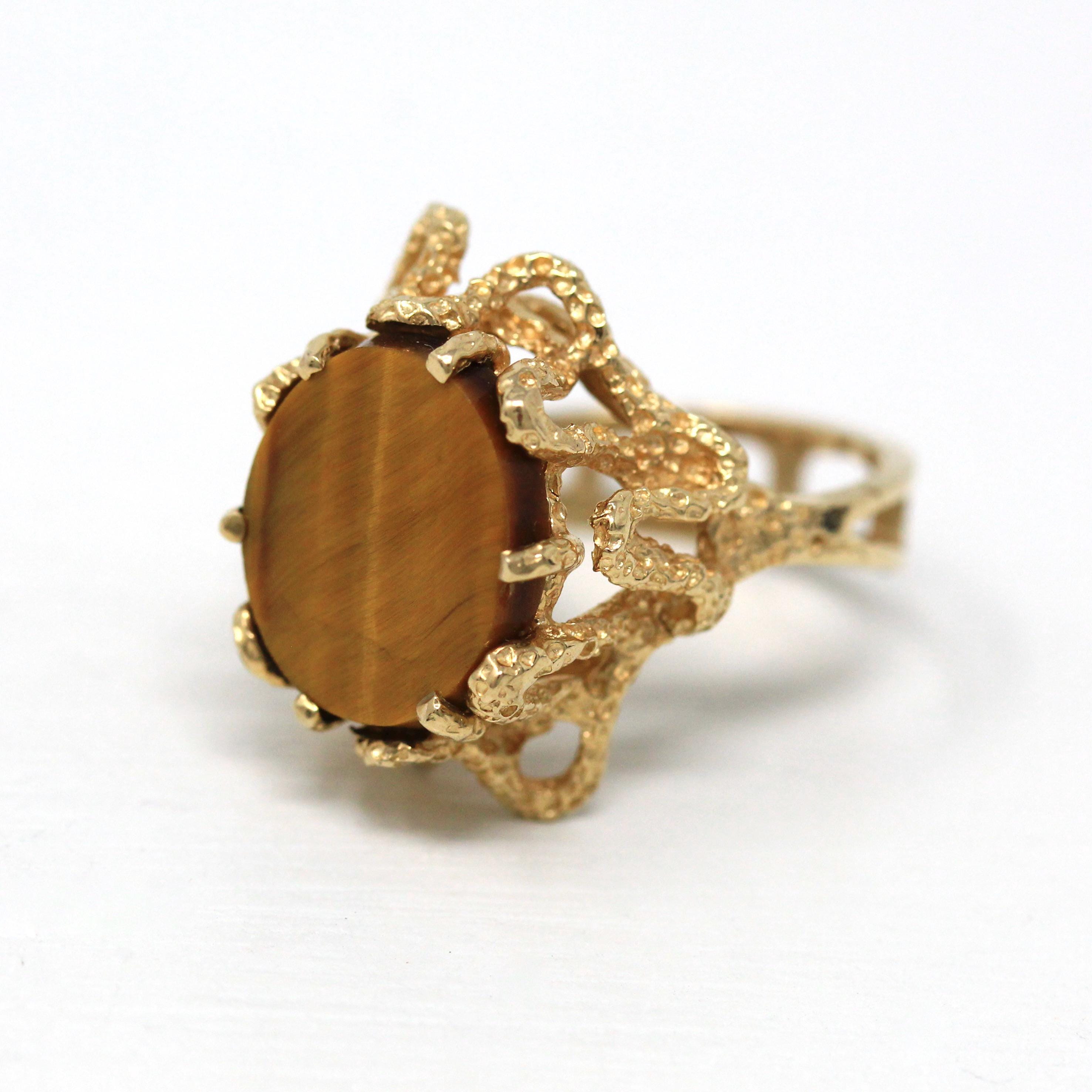 Tiger's Eye Ring - Retro 10k Yellow Gold Genuine Brown Gemstone Statement - Vintage Circa 1970s Era Size 6 3/4 New Old Stock Fine Jewelry