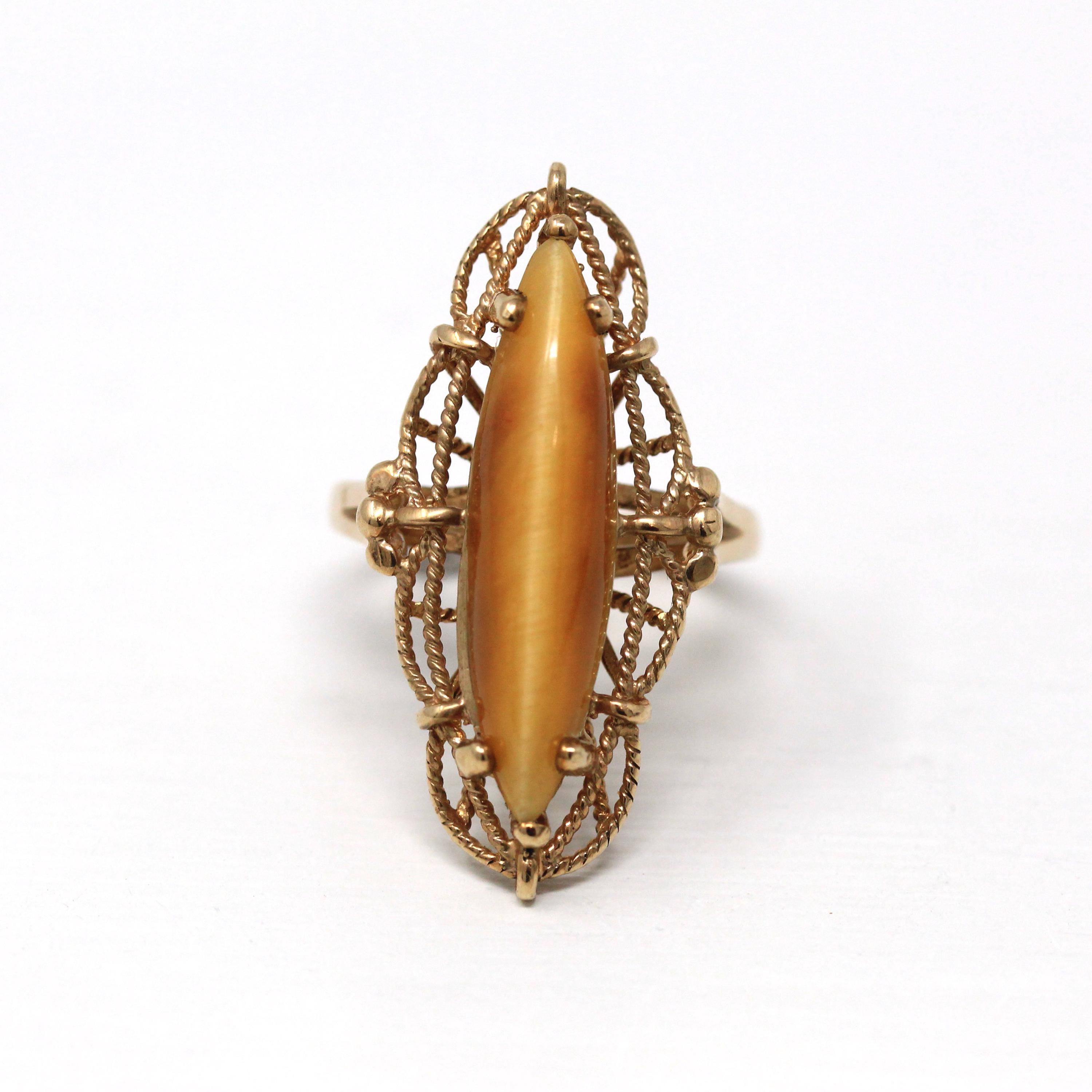 Tiger's Eye Ring - Retro 10k Yellow Gold Genuine Chatoyant Gemstone Statement - Vintage Circa 1970s Era Size 6 1/2 New Old Stock Jewelry