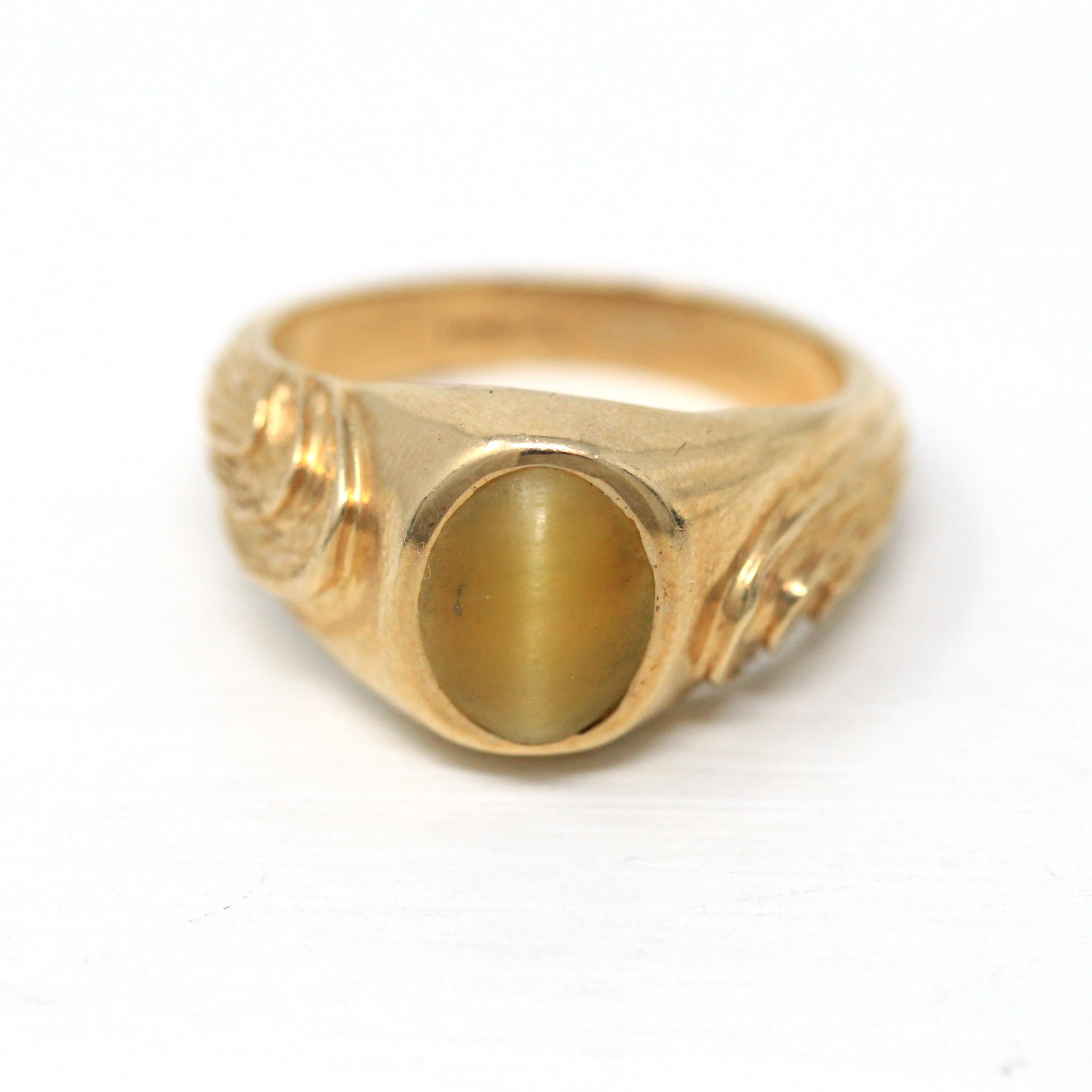 Tiger's Eye Ring - Retro 10k Yellow Gold Genuine Brown Gemstone Statement - Vintage Circa 1970s Era Size 9 3/4 New Old Stock Fine Jewelry