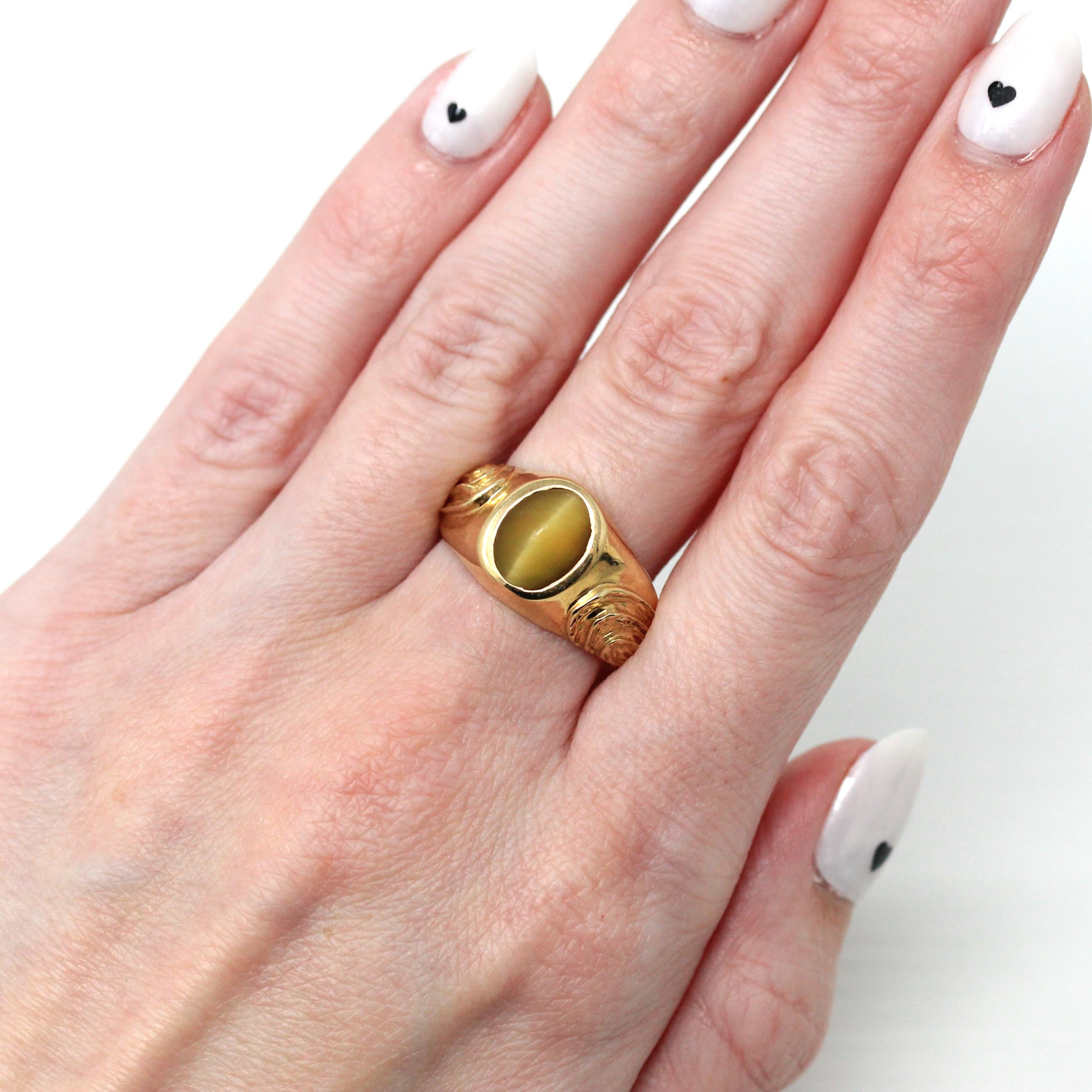 Tiger's Eye Ring - Retro 10k Yellow Gold Genuine Brown Gemstone Statement - Vintage Circa 1970s Era Size 9 3/4 New Old Stock Fine Jewelry