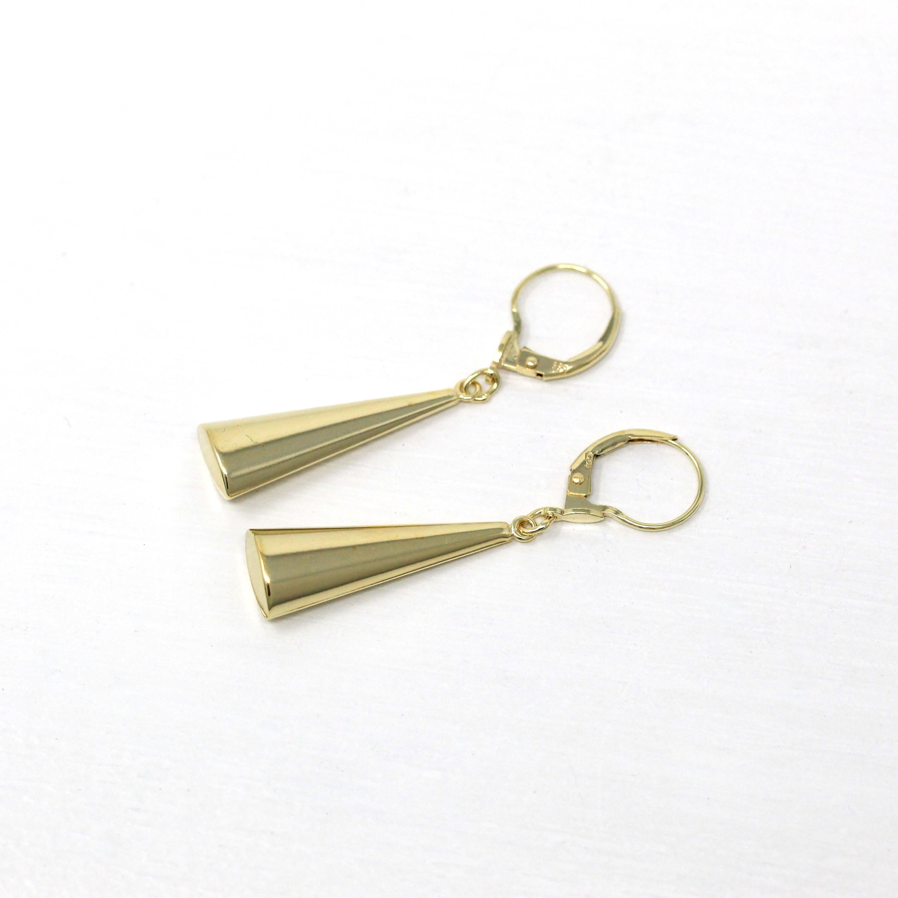 Estate Triangle Earrings - Modern 585 14k Yellow Gold New Old Stock Lever Backs - Circa 1990s Era Statement Dangle Drop Fine 90s Jewelry