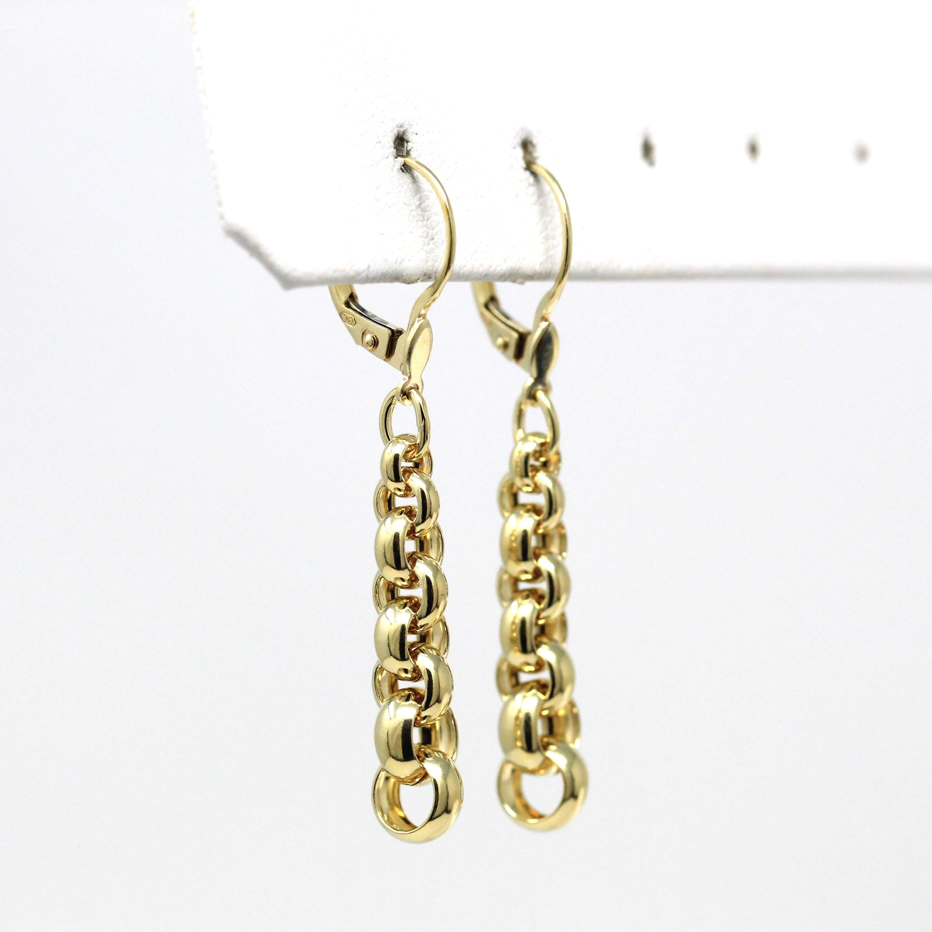 Chain Link Earrings - Modern 585 14k Yellow Gold Cable Circles Design Lever Back - Circa 1990s Era New Old Stock Fine Statement 90s Jewelry