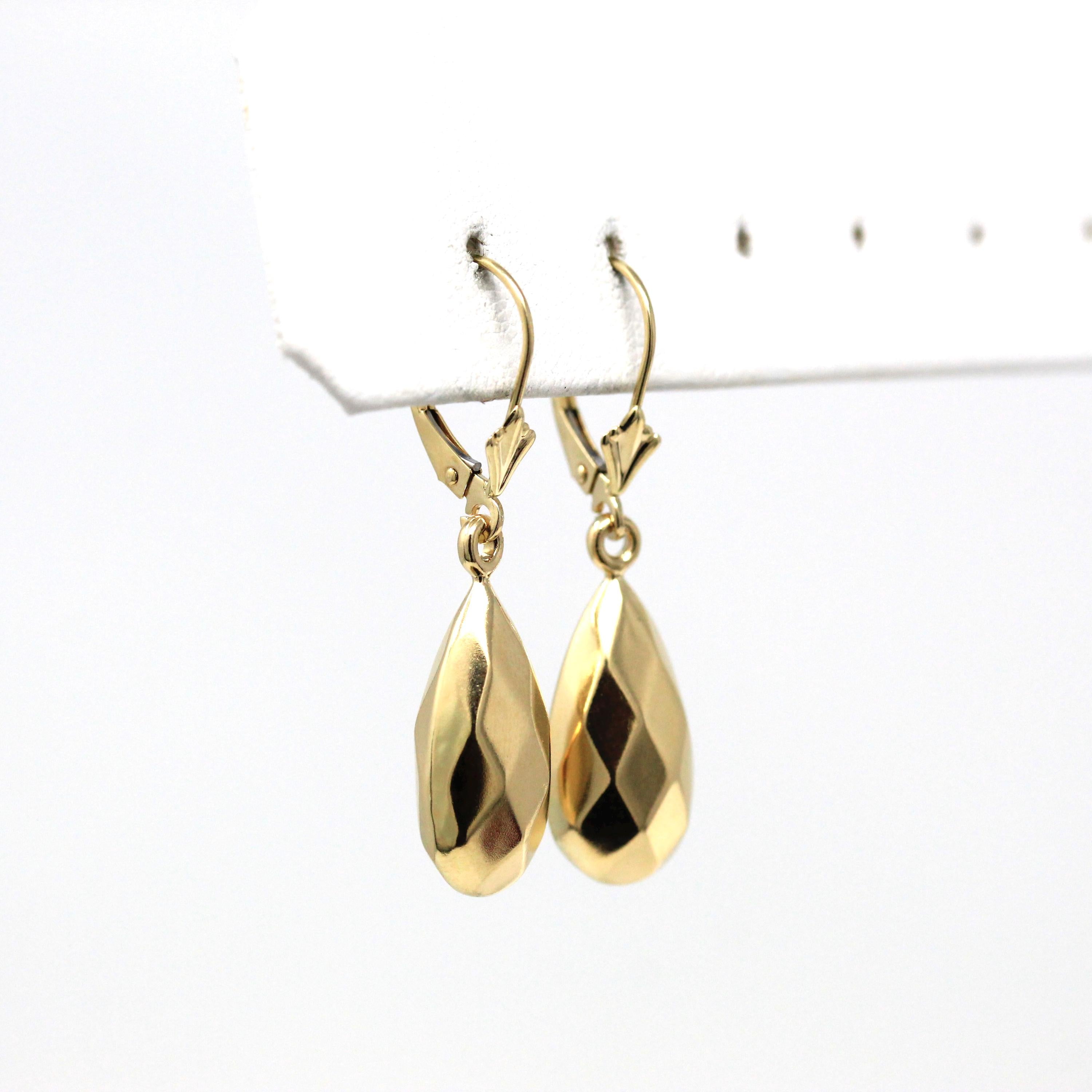 Faceted Teardrop Earrings - Modern 14k Yellow Gold Geometric Design Lever Back - Circa 1990's Era New Old Stock Fine Michael Anthony Jewelry