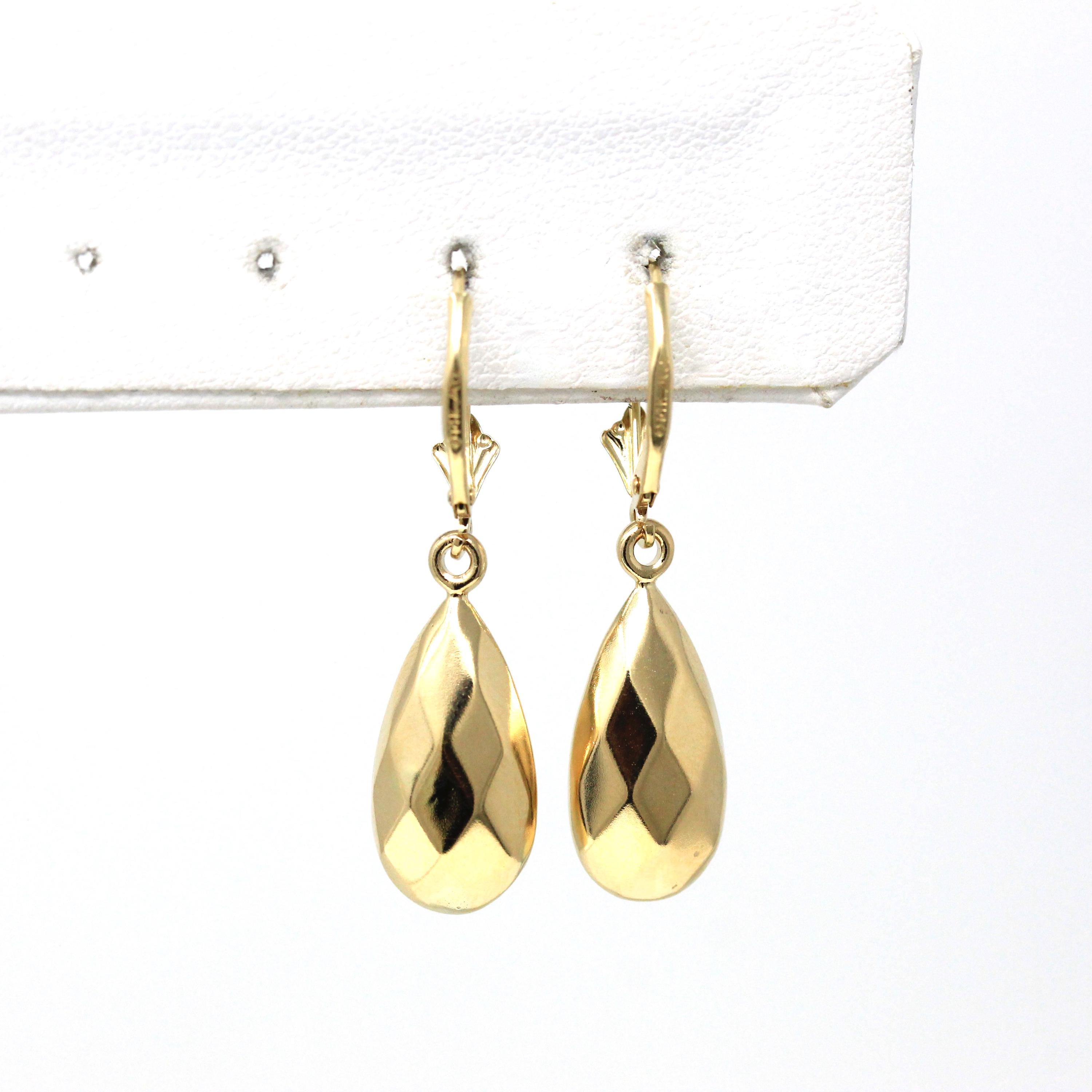 Faceted Teardrop Earrings - Modern 14k Yellow Gold Geometric Design Lever Back - Circa 1990's Era New Old Stock Fine Michael Anthony Jewelry