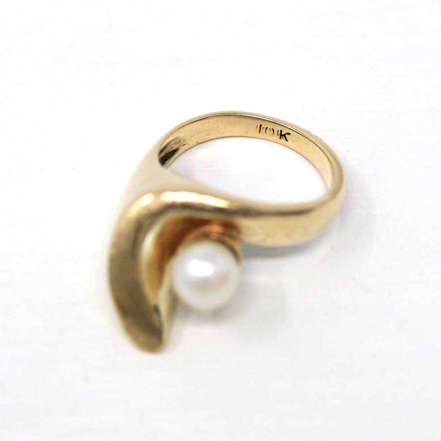 Cultured Pearl Ring - Retro 10k Yellow Gold 6.5 mm Round White Gem - Vintage Circa 1970s Era Size 6 New Old Stock Swoop Statement Jewelry