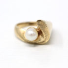 Cultured Pearl Ring - Retro 10k Yellow Gold 6.5 mm Round White Gem - Vintage Circa 1970s Era Size 6 New Old Stock Swoop Statement Jewelry