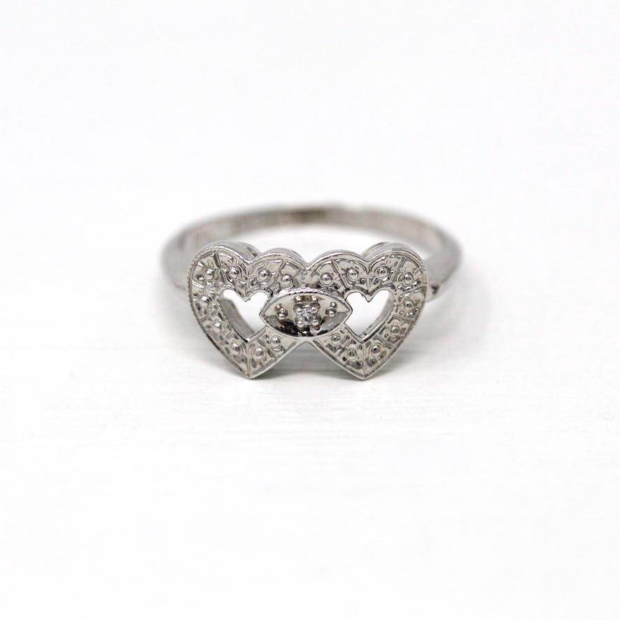 Vintage Double Heart Ring - Mid Century 14k White Gold Sweetheart Diamond Statement - Circa 1950s Era Size 6 1/4 Promise 50s Fine Jewelry