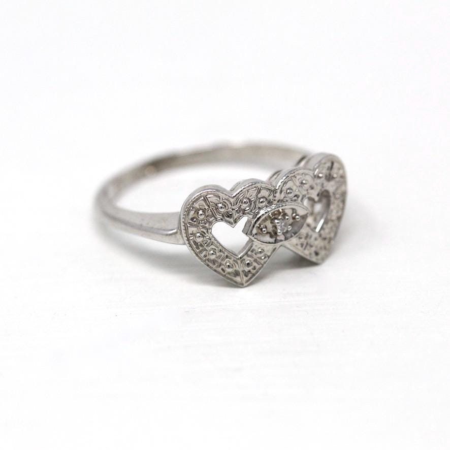 Vintage Double Heart Ring - Mid Century 14k White Gold Sweetheart Diamond Statement - Circa 1950s Era Size 6 1/4 Promise 50s Fine Jewelry