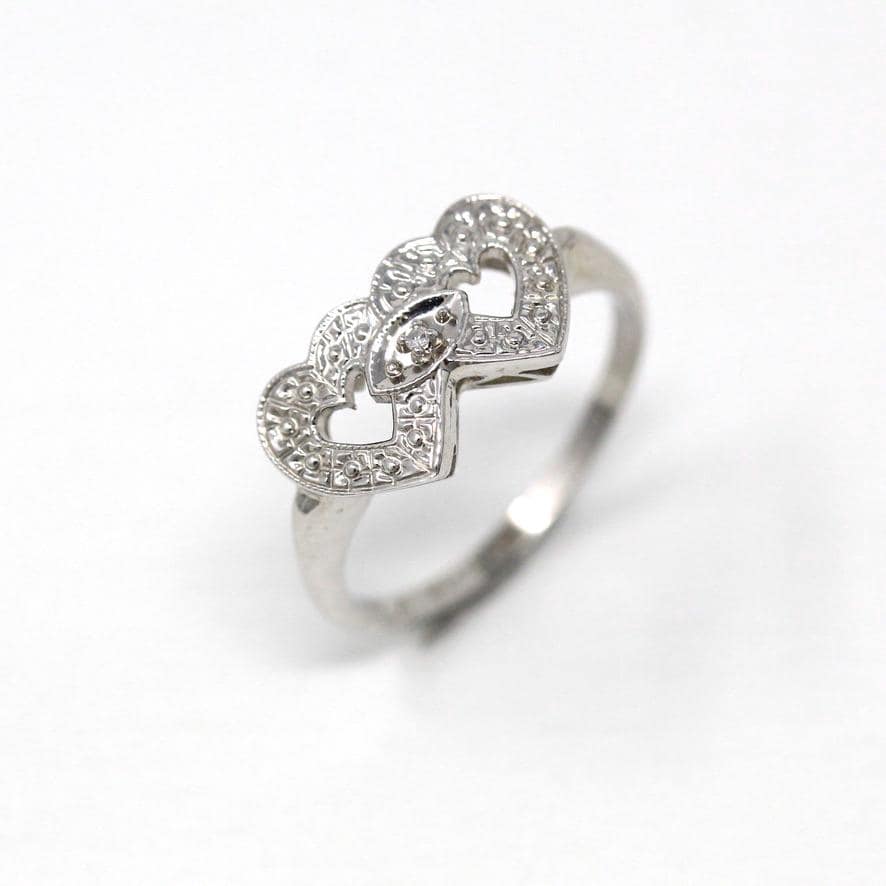 Vintage Double Heart Ring - Mid Century 14k White Gold Sweetheart Diamond Statement - Circa 1950s Era Size 6 1/4 Promise 50s Fine Jewelry