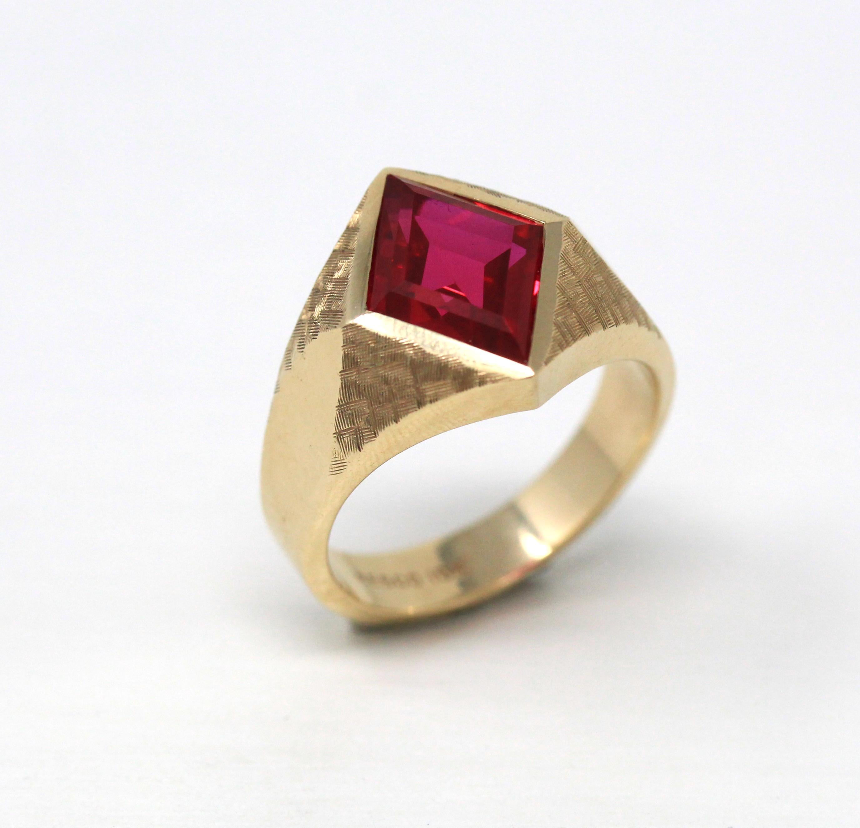 Created Ruby Ring - Retro 10k Yellow Gold Cut Red Stone Chunky Men's - Vintage Circa 1960s Era Size 10 New Old Stock Jewelry